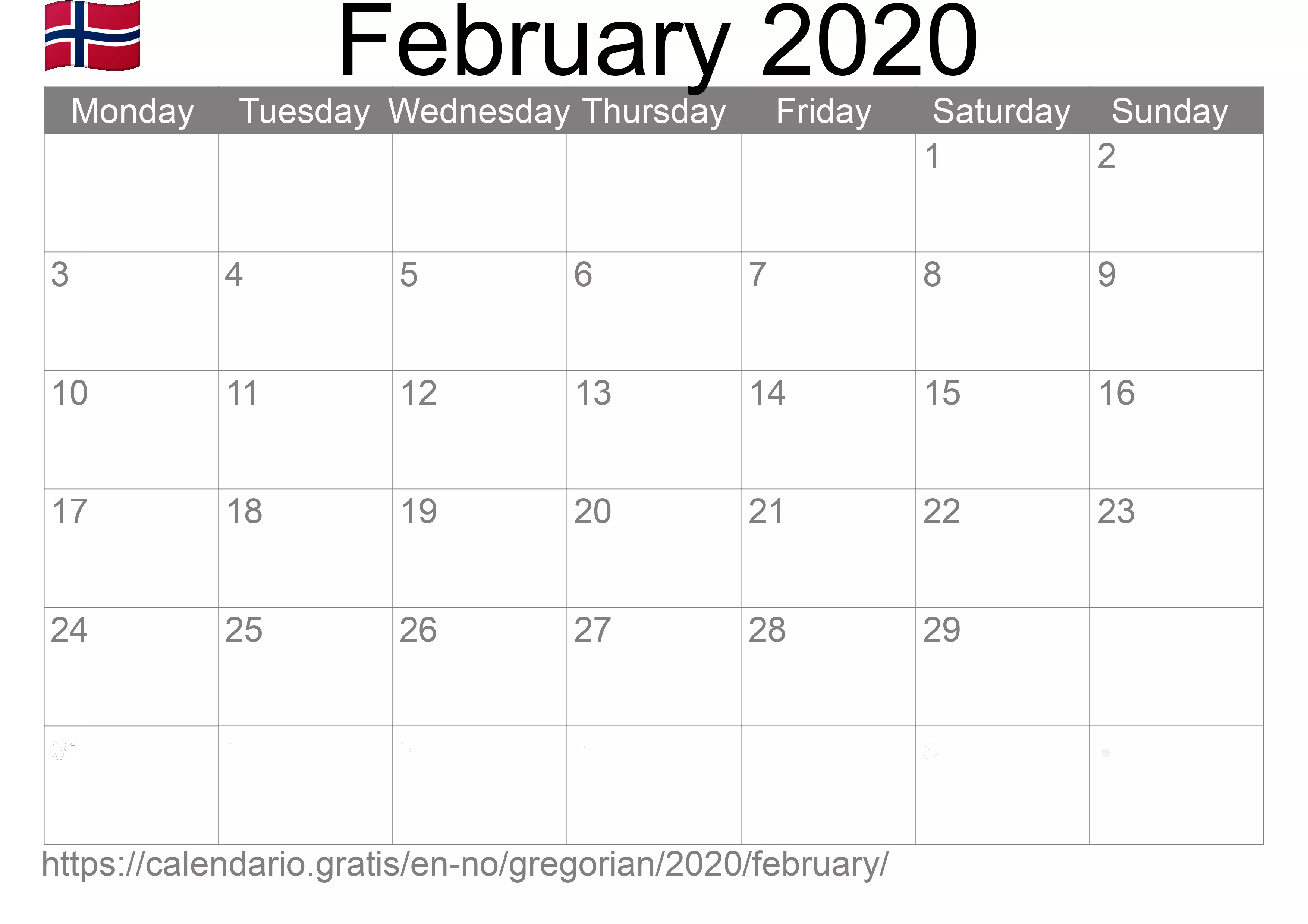 Calendar February 2020 to print (Norway) Calendar February 2020 to print (Norway)