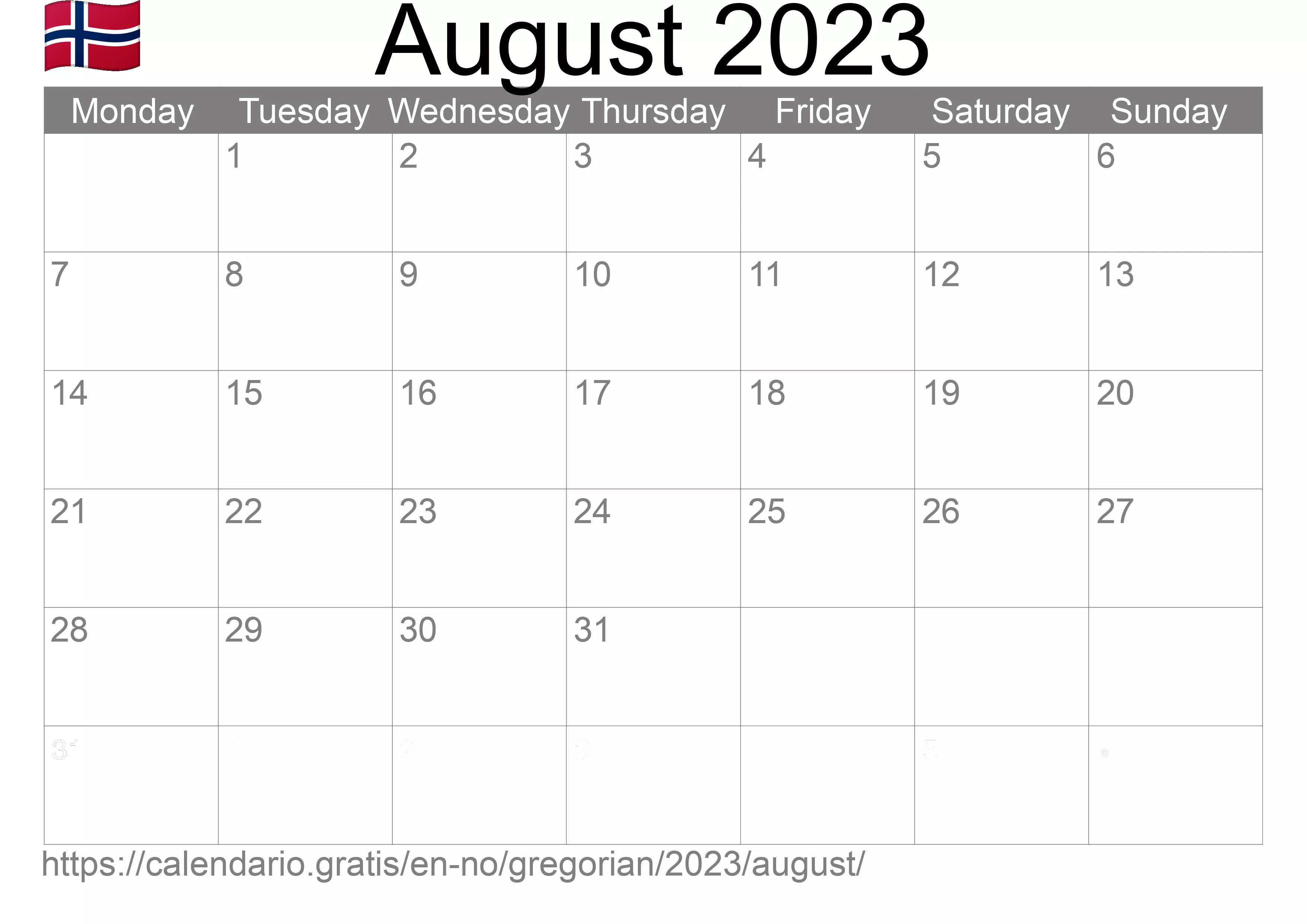 Calendar August 2023 to print (Norway) Calendar August 2023 to print (Norway)