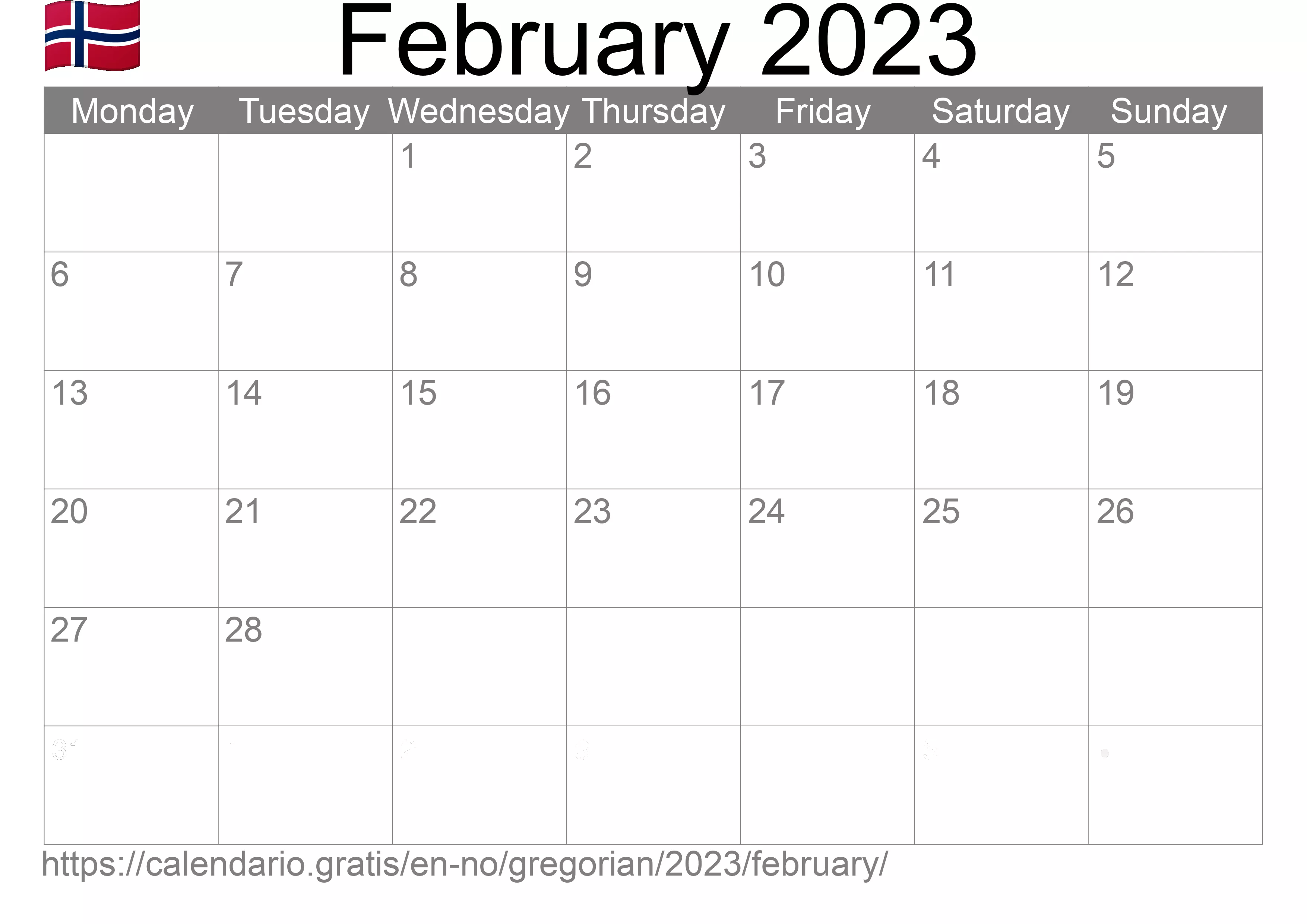 Calendar February 2023 to print (Norway) Calendar February 2023 to print (Norway)