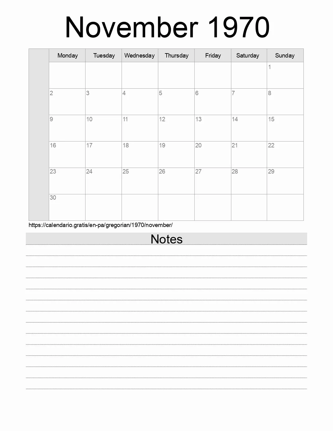 Calendar for printing with notes for 1970 November . (Panama)