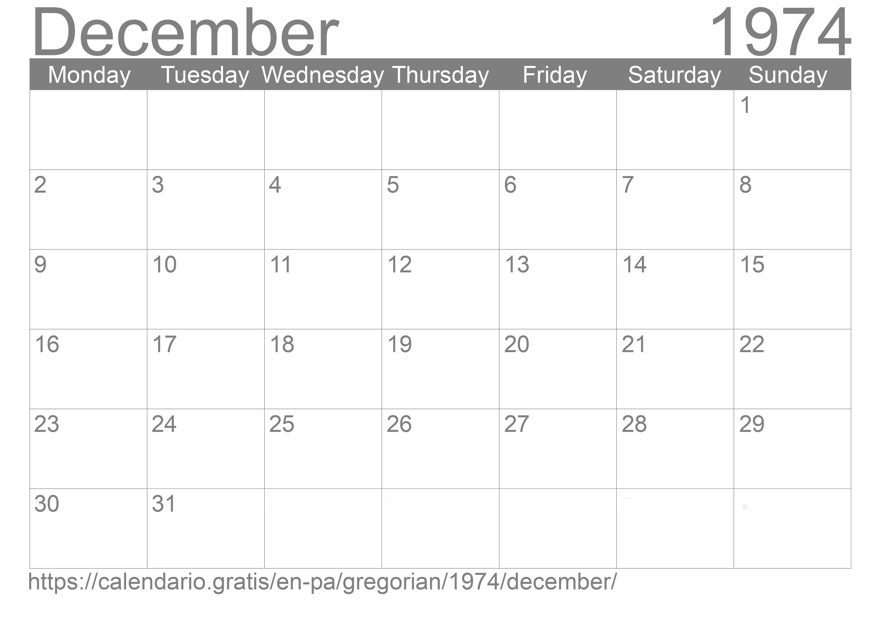 Calendar December 1974 to print
