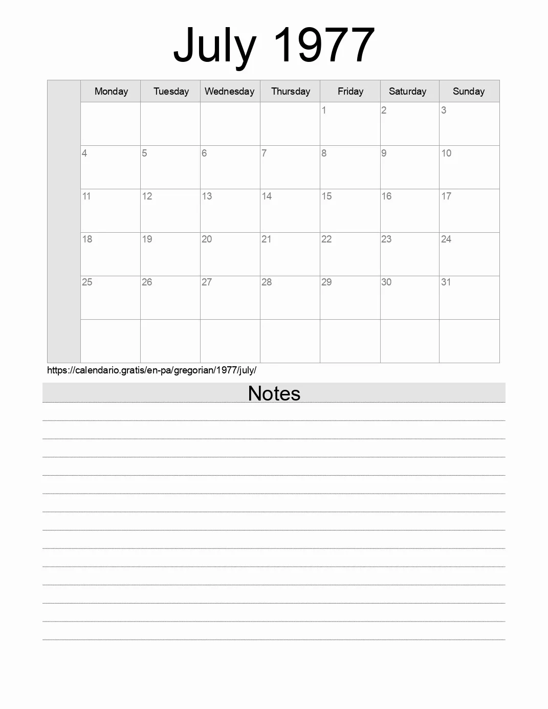 Calendar for printing with notes for 1977 July . (Panama)