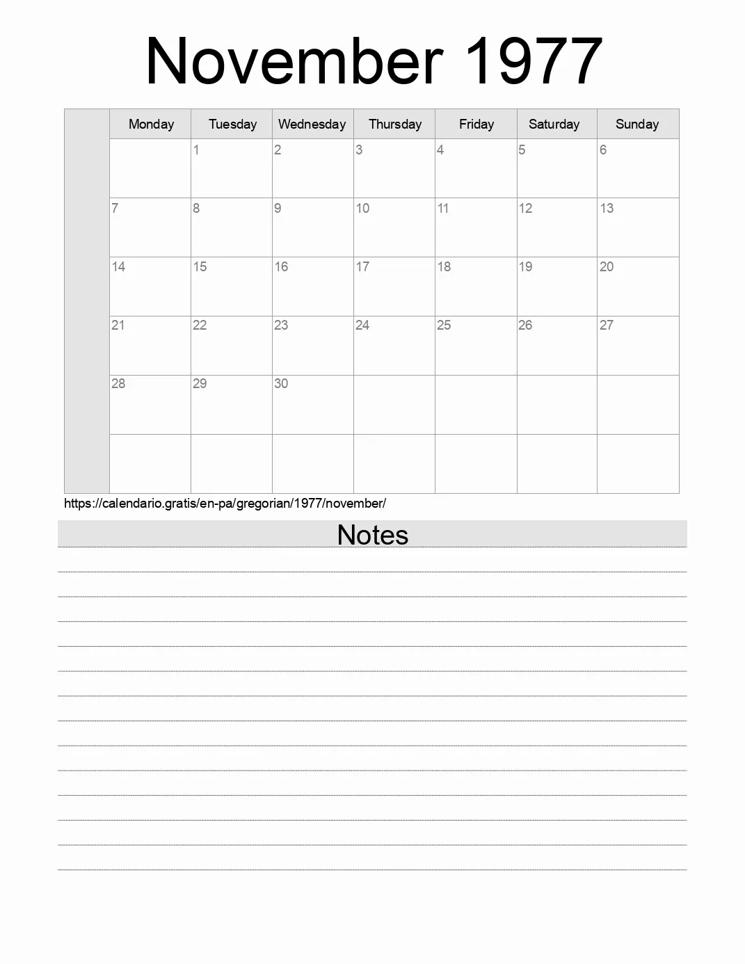 Calendar for printing with notes for 1977 November . (Panama)