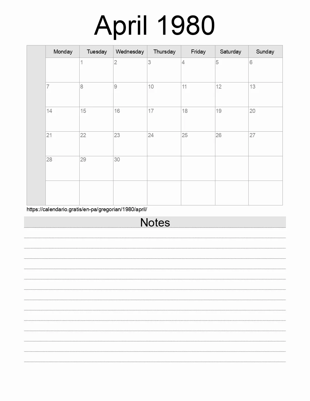 Calendar for printing with notes for 1980 April . (Panama)