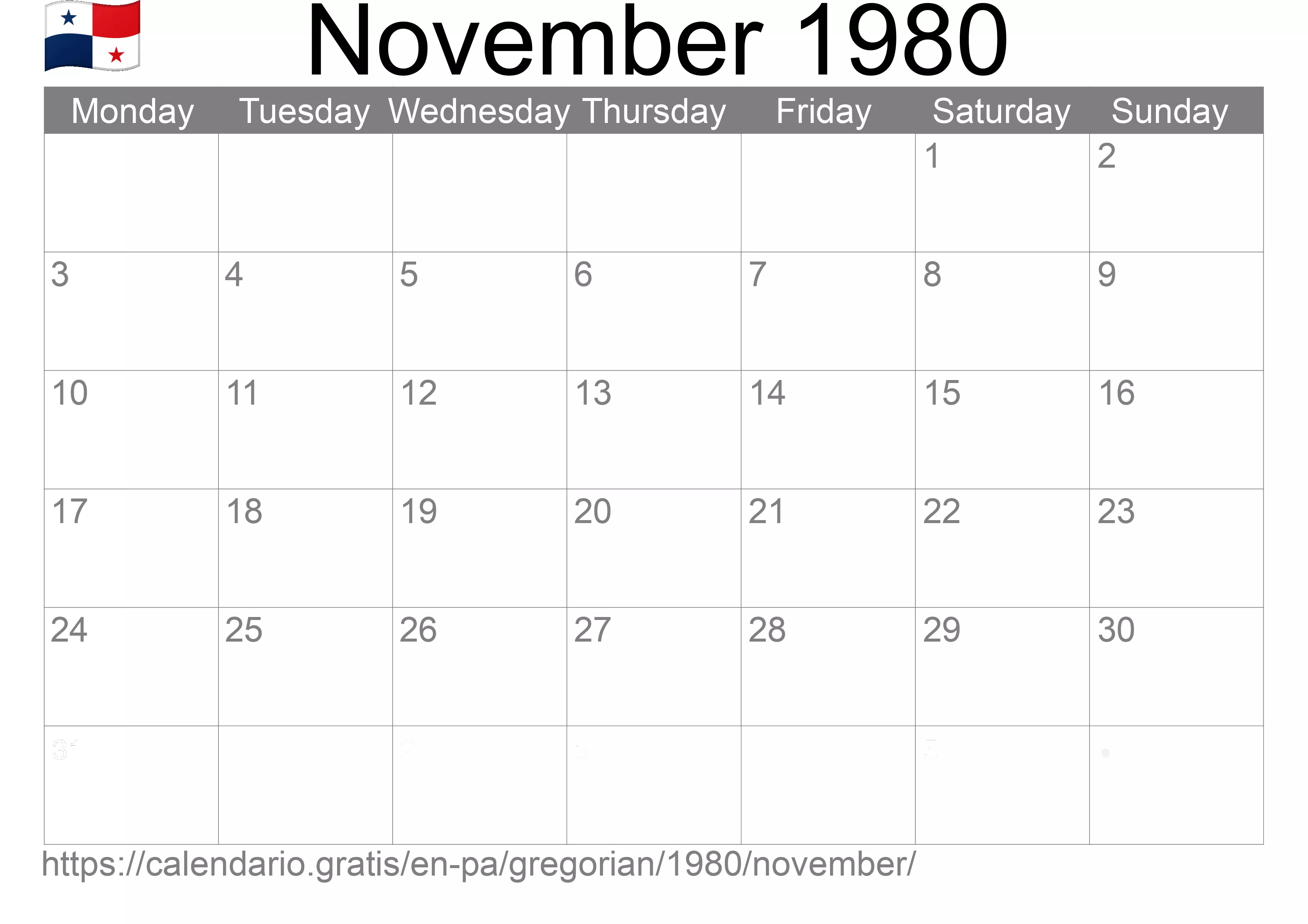 Calendar November 1980 to print (Panama)