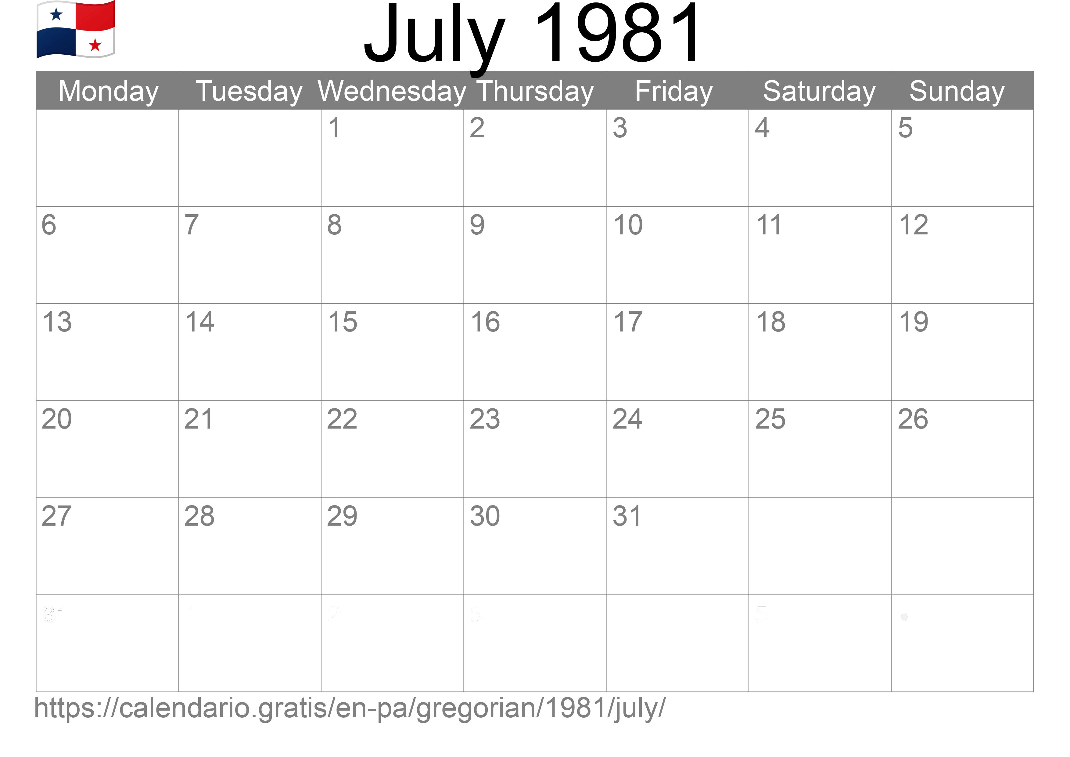 Calendar July 1981 to print