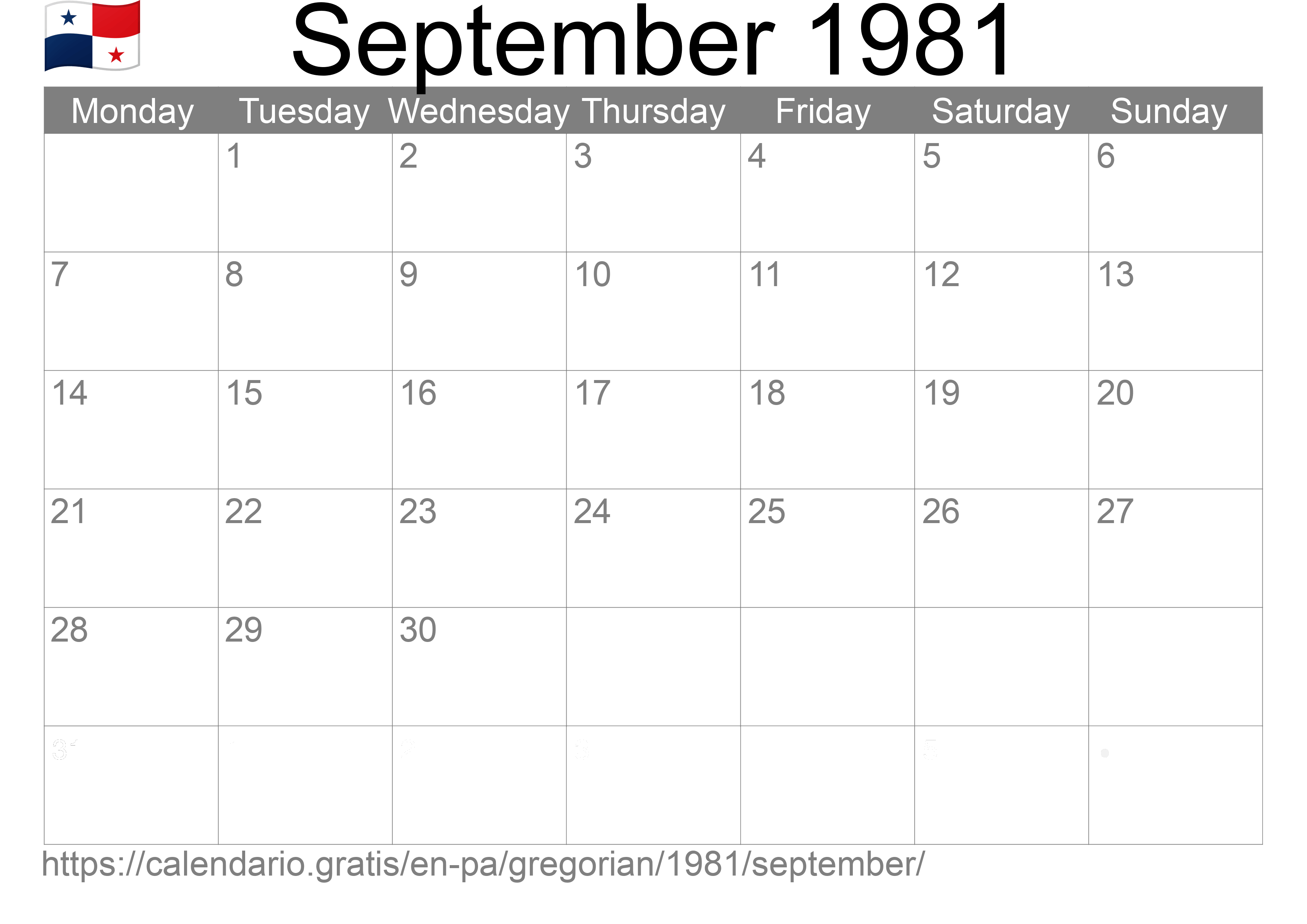 Calendar September 1981 to print