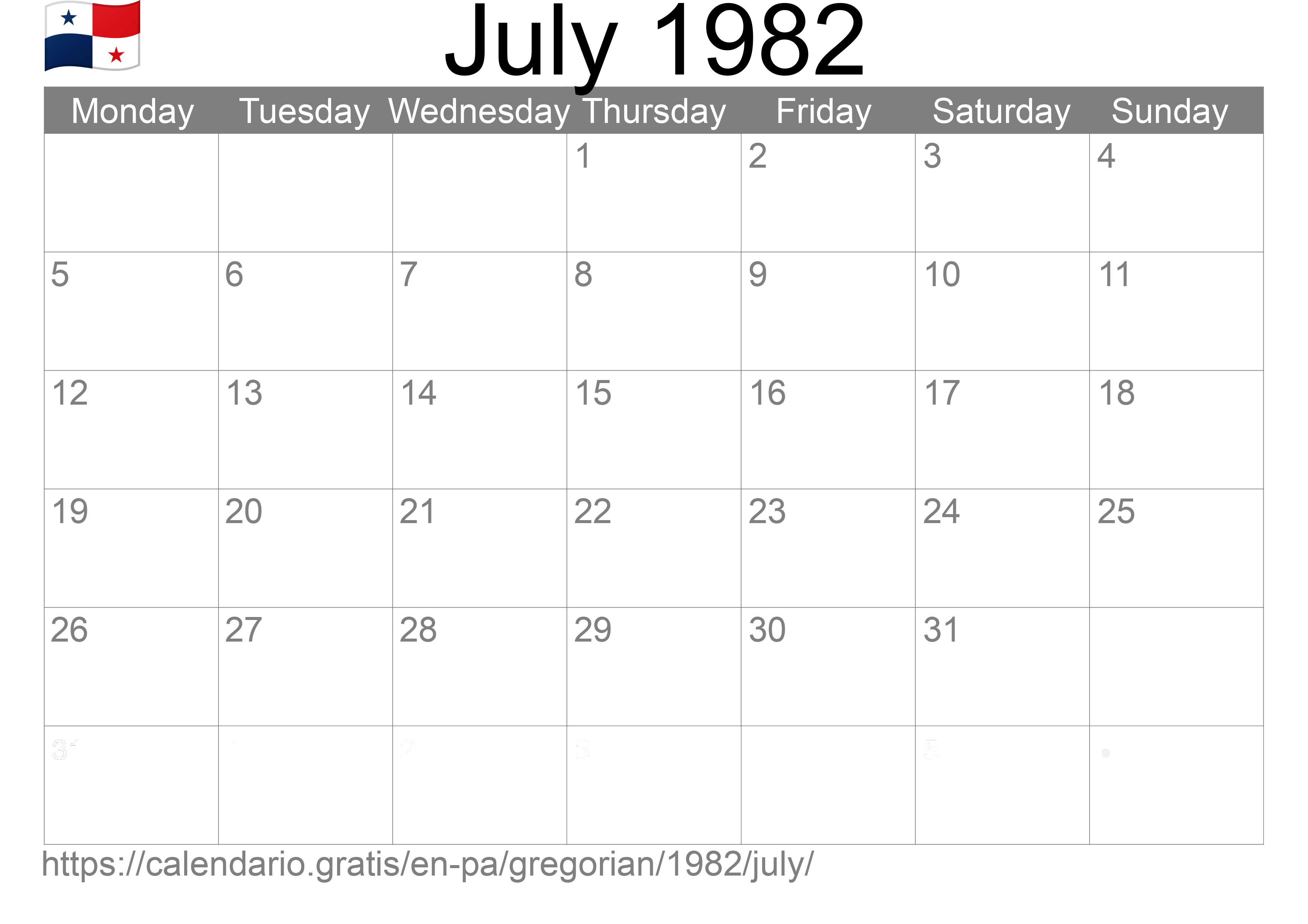 Calendar July 1982 to print