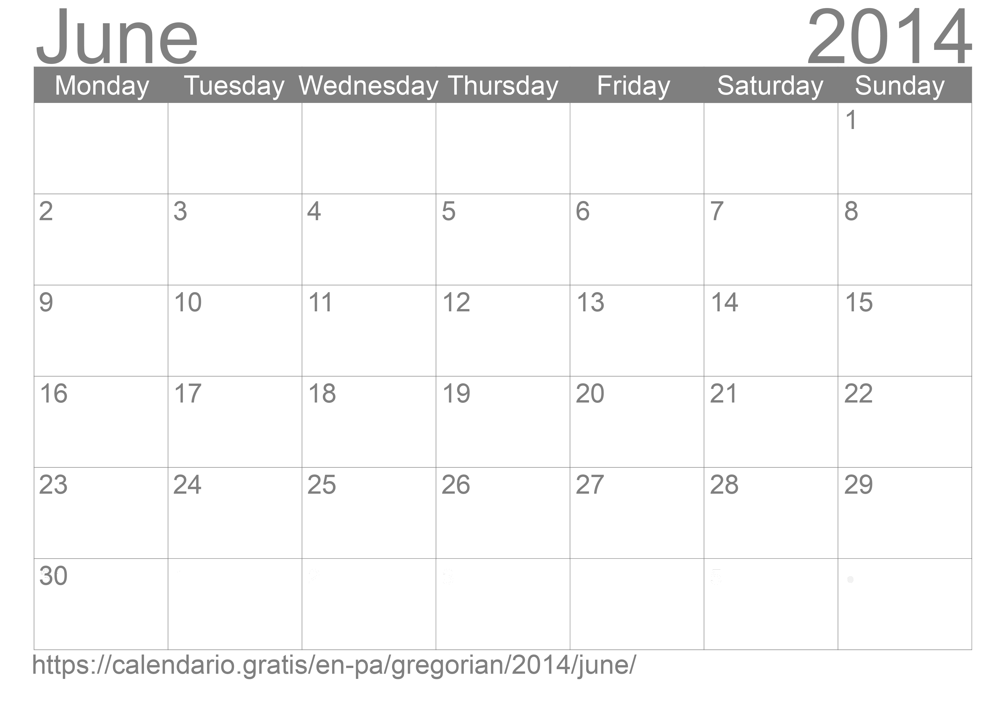 Calendar June 2014 to print