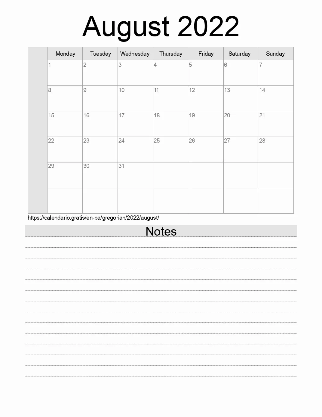 Calendar for printing with notes for 2022 August . (Panama) Calendar for printing with notes for 2022 August . (Panama)