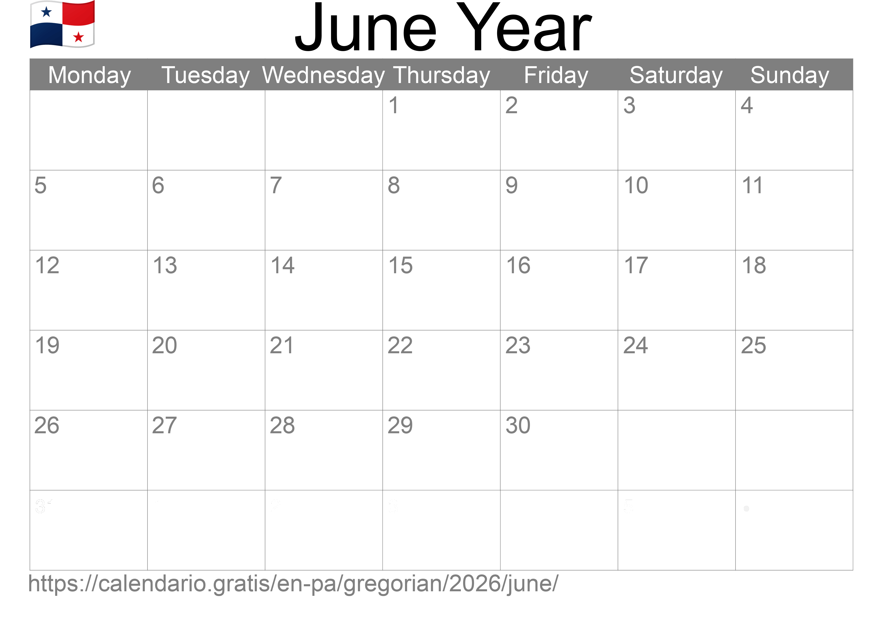 Calendar June 2026 to print