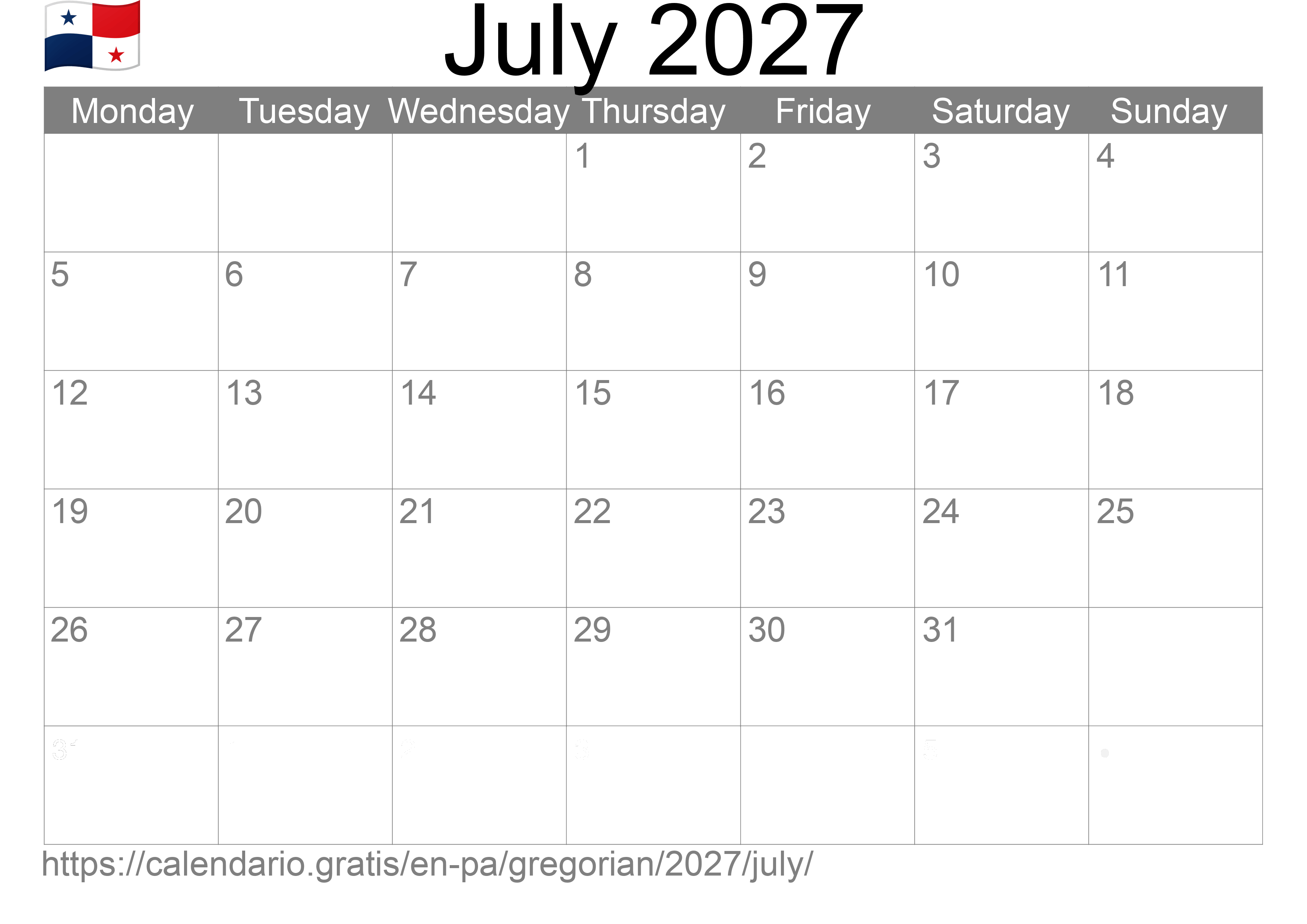 Calendar July 2027 to print