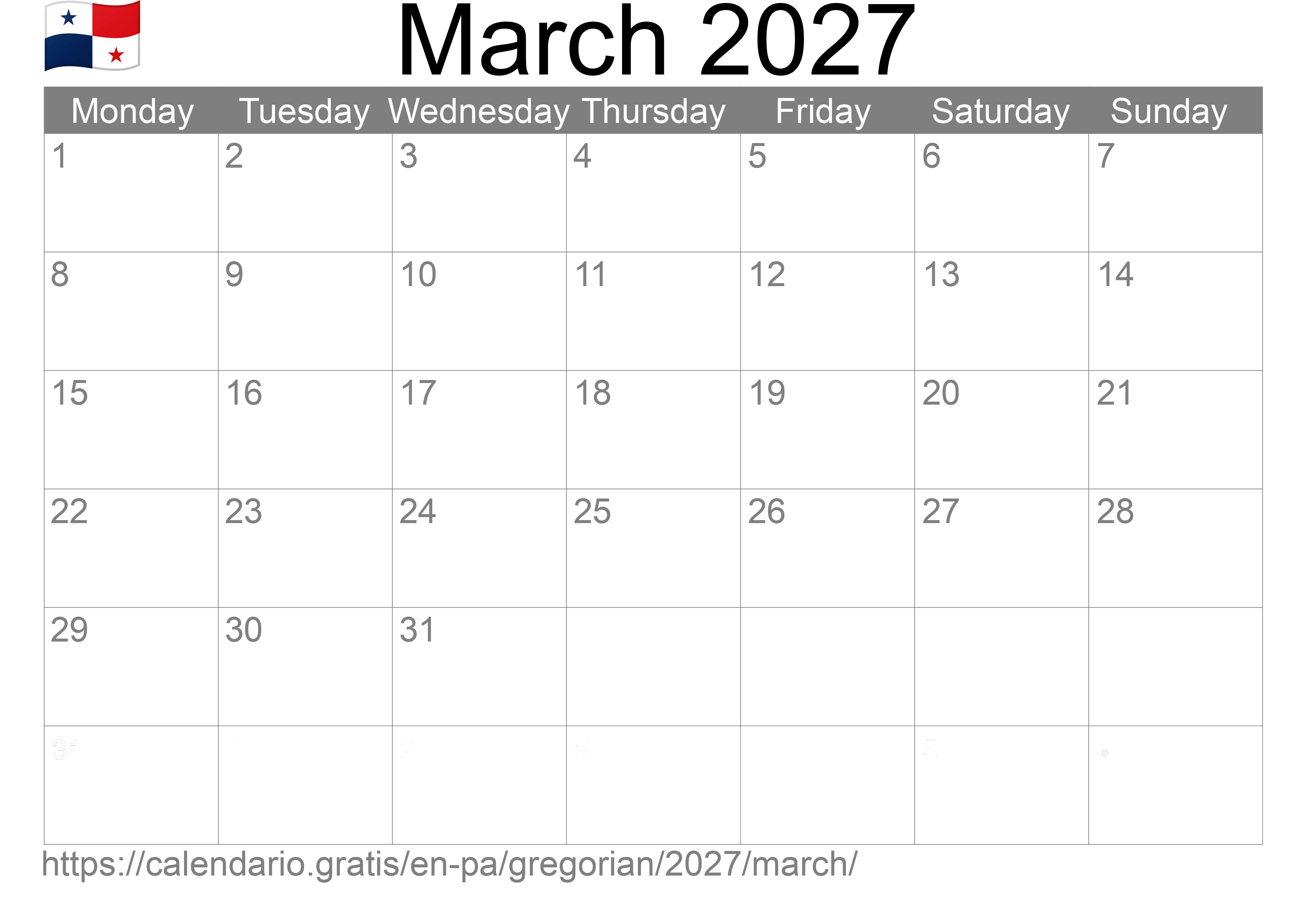 Calendar March 2027 to print