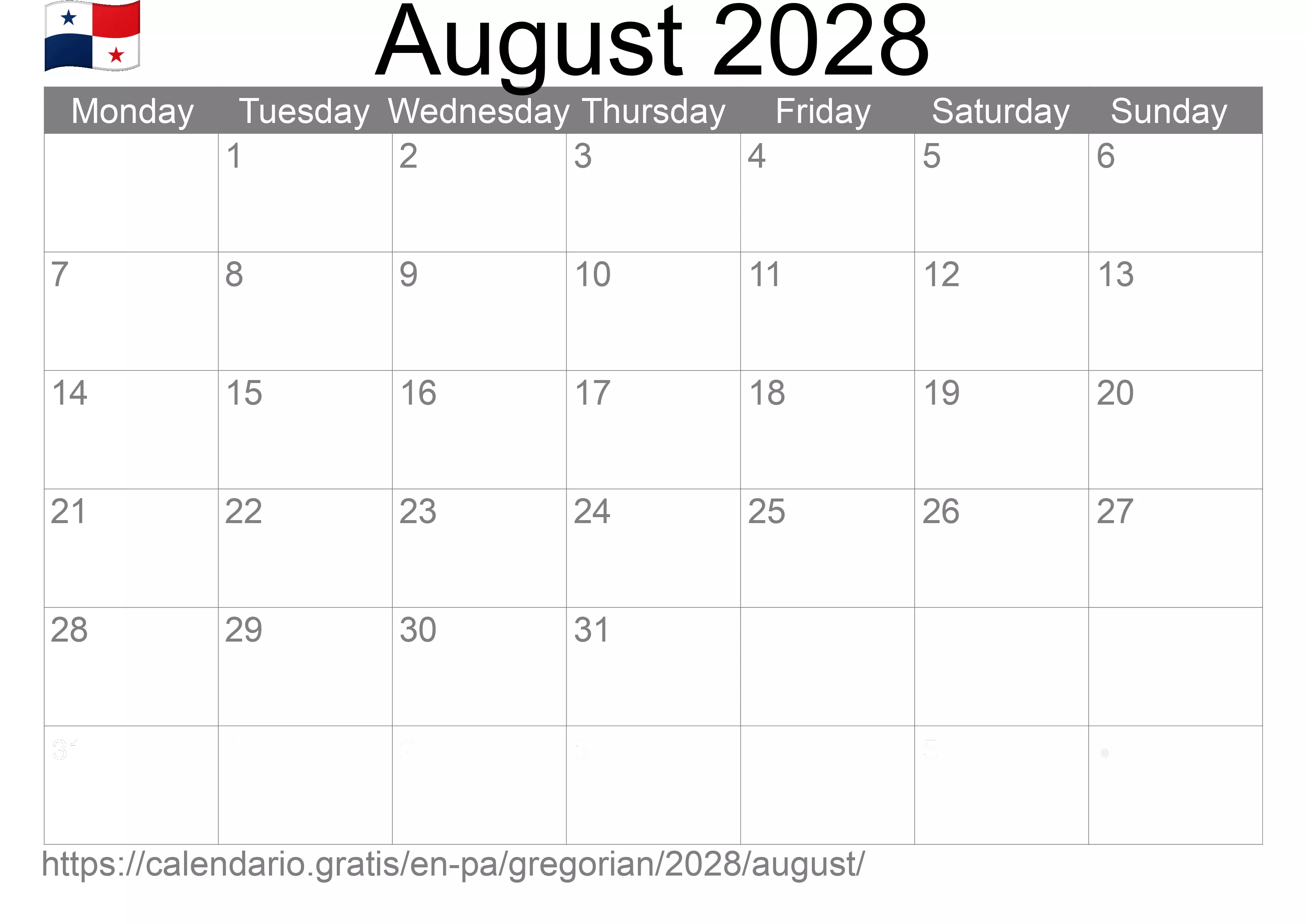 Calendar August 2028 to print (Panama) Calendar August 2028 to print (Panama)