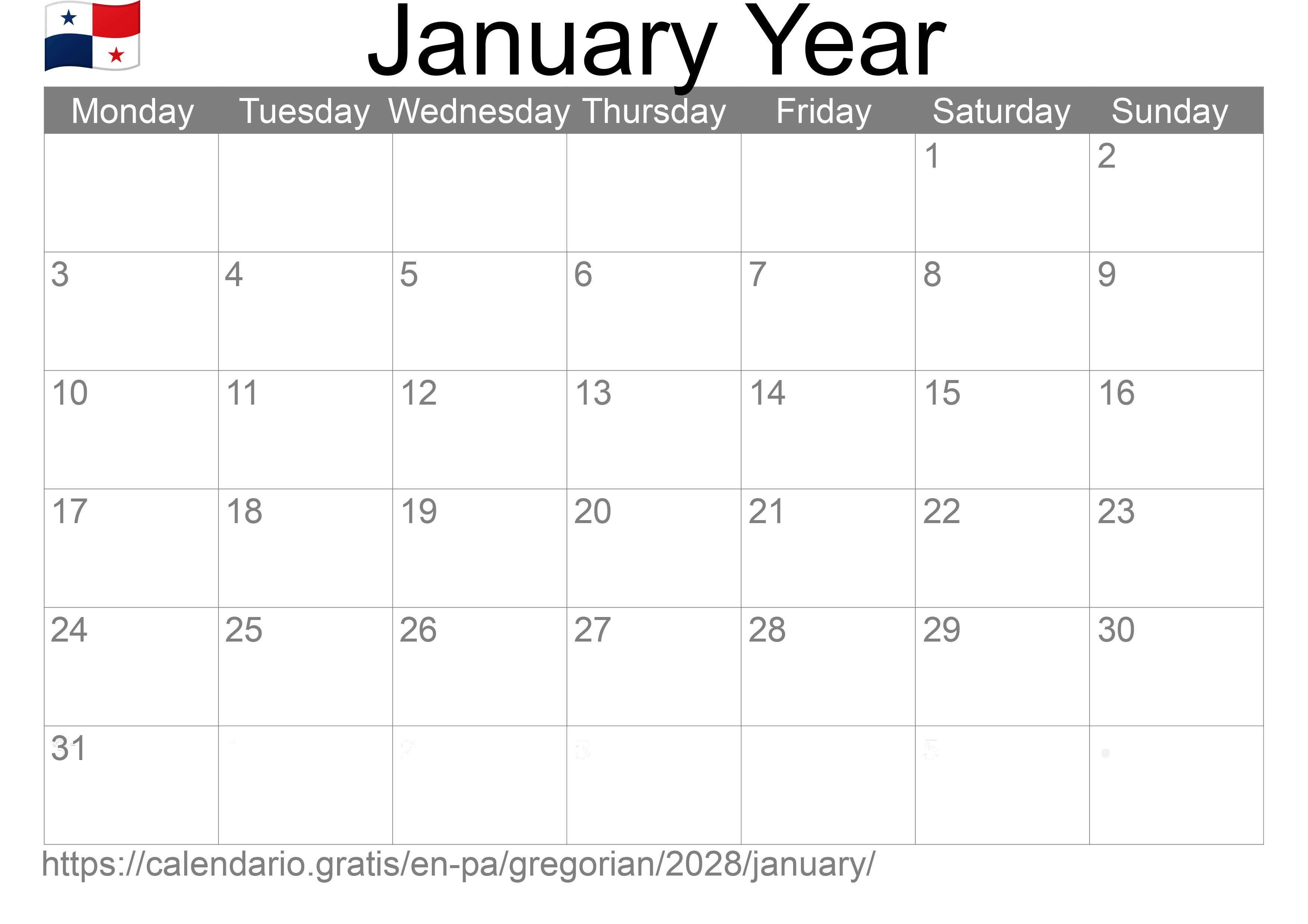 Calendar January 2028 to print