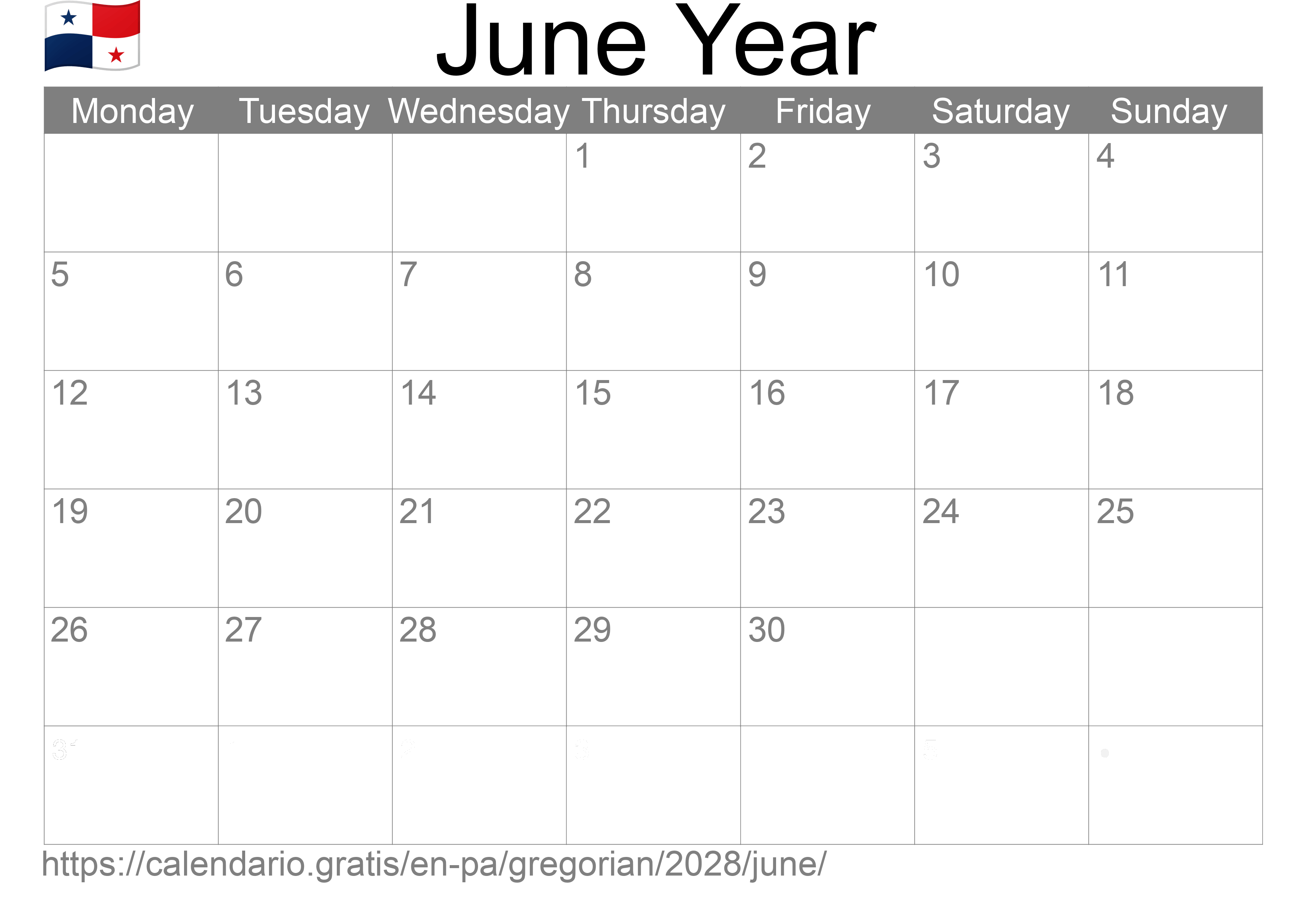 Calendar June 2028 to print