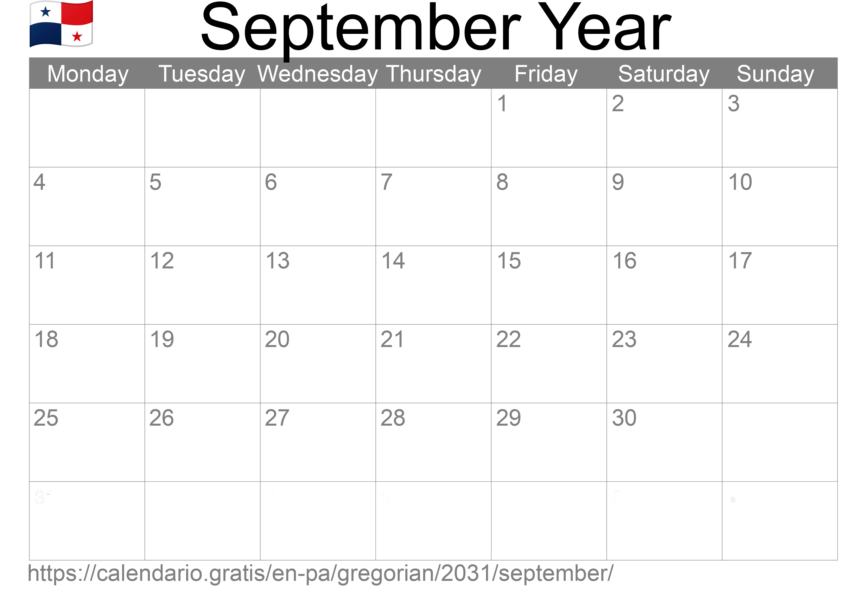 Calendar September 2031 to print