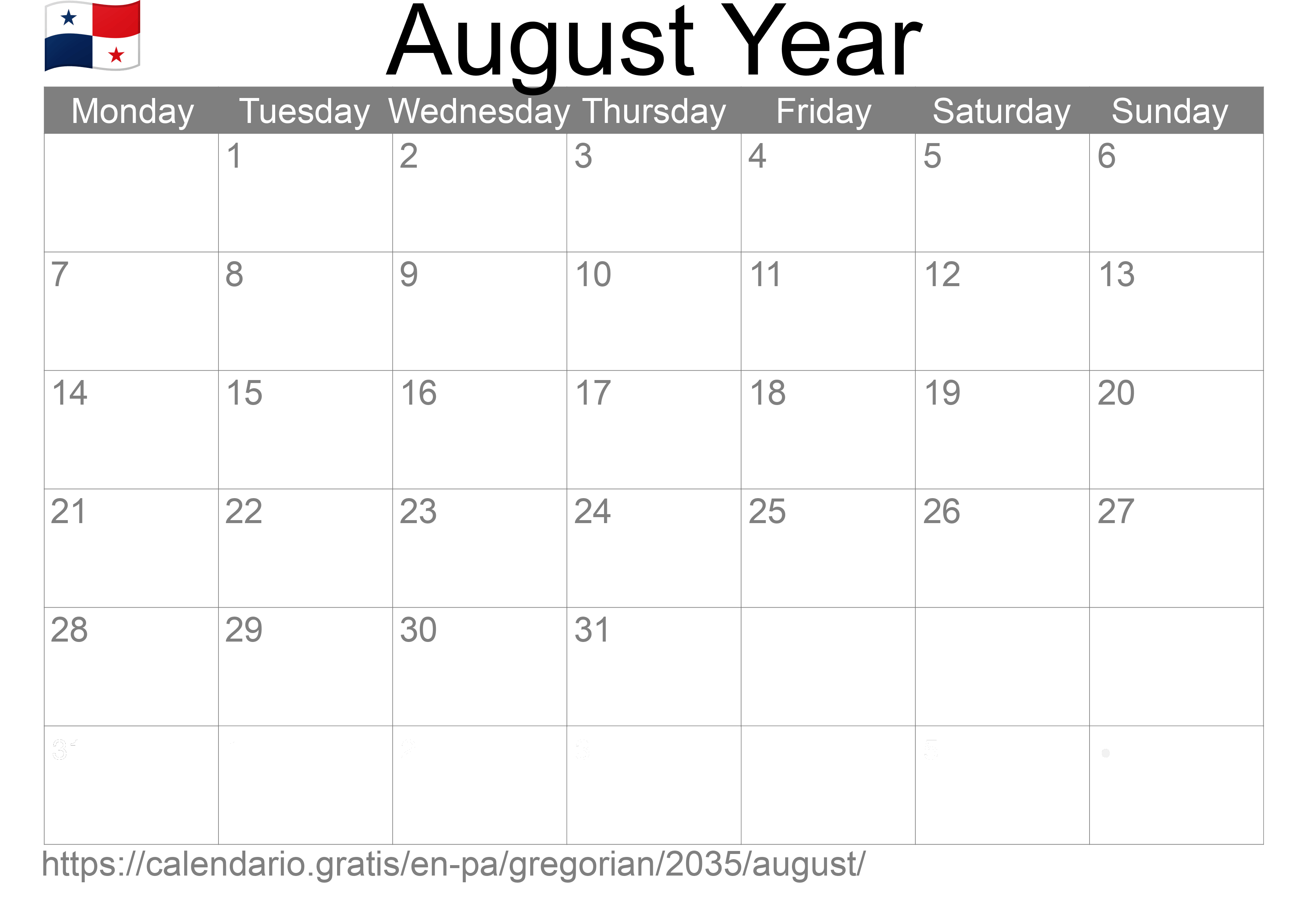 Calendar August 2035 to print