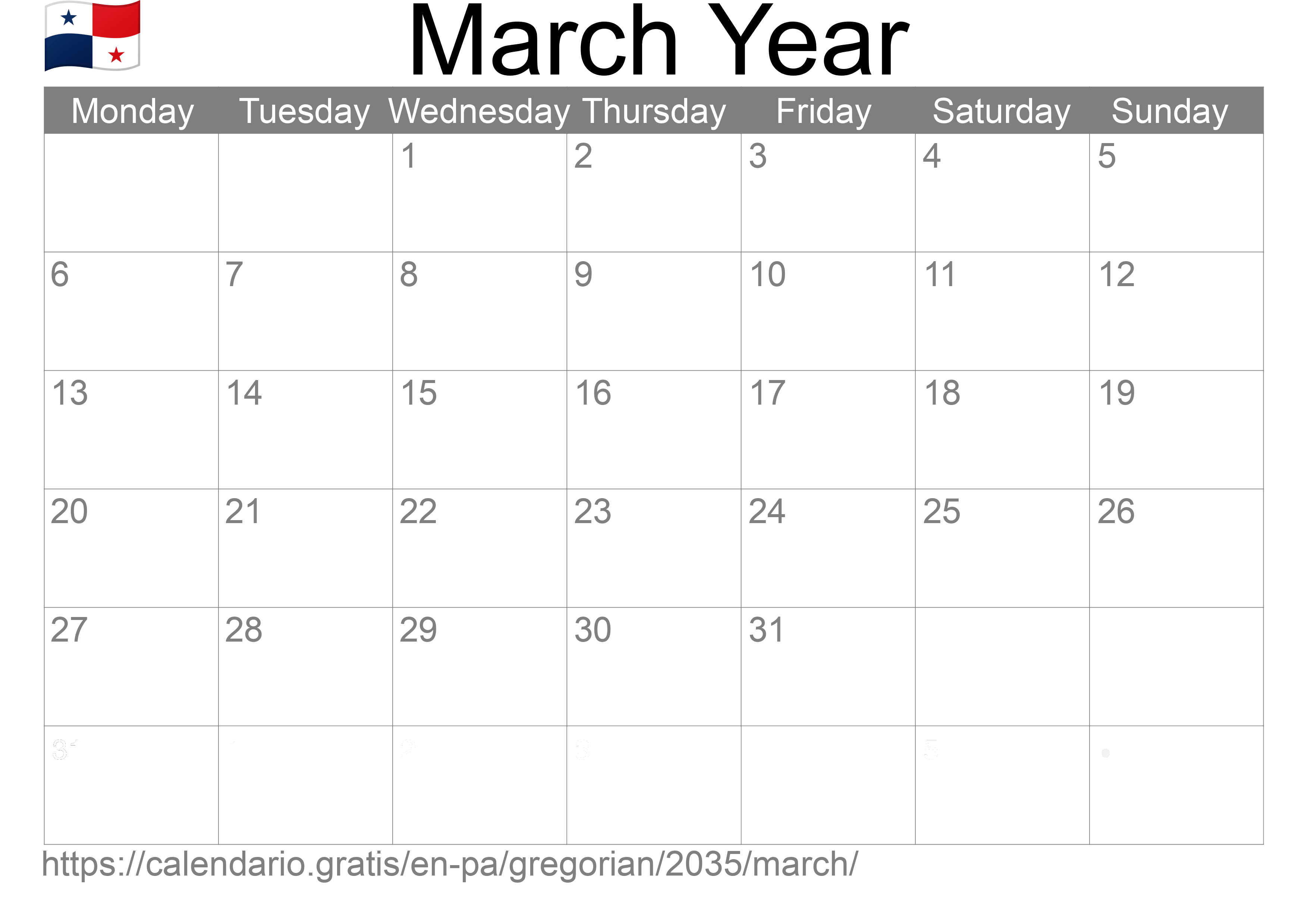 Calendar March 2035 to print