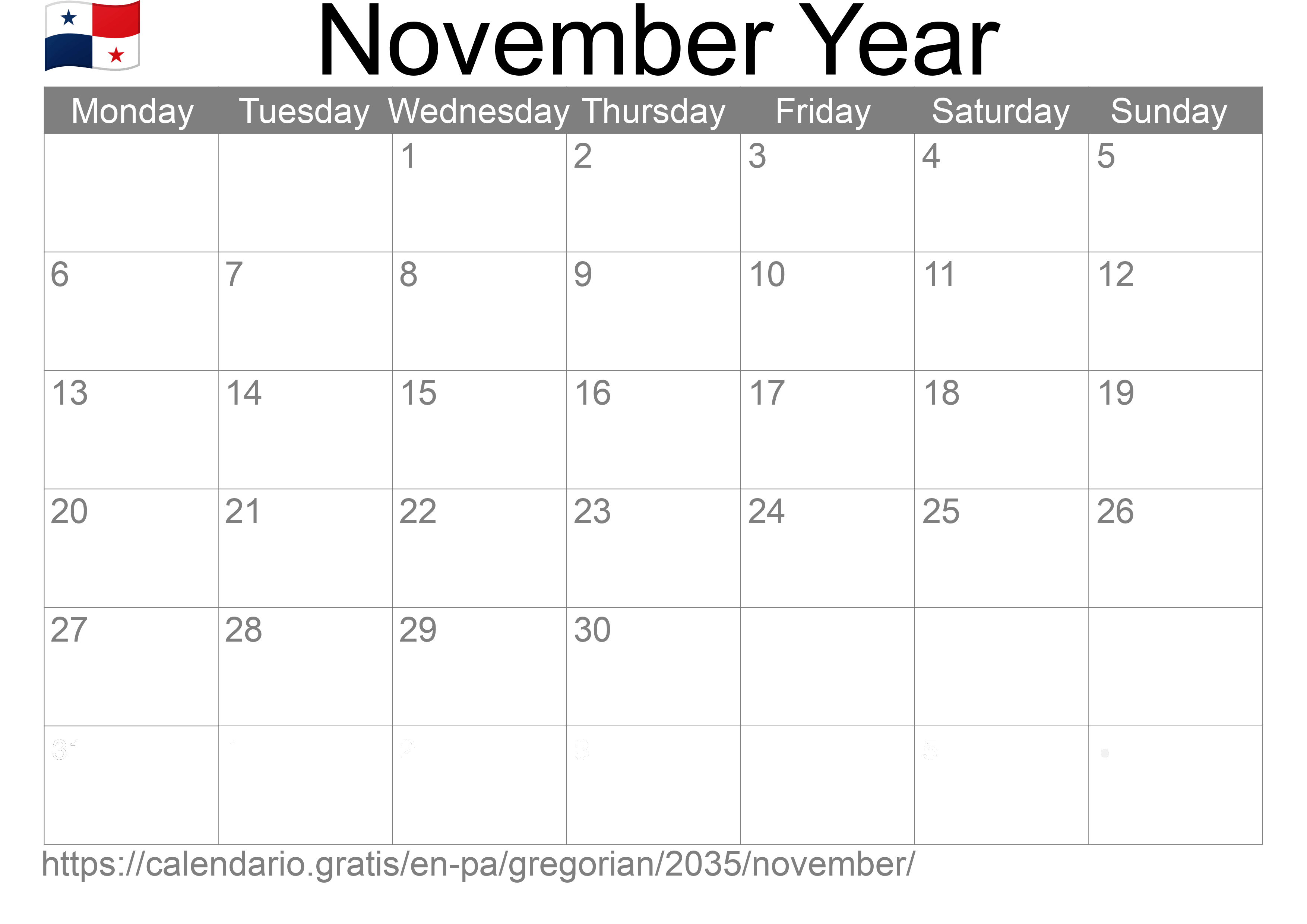 Calendar November 2035 to print