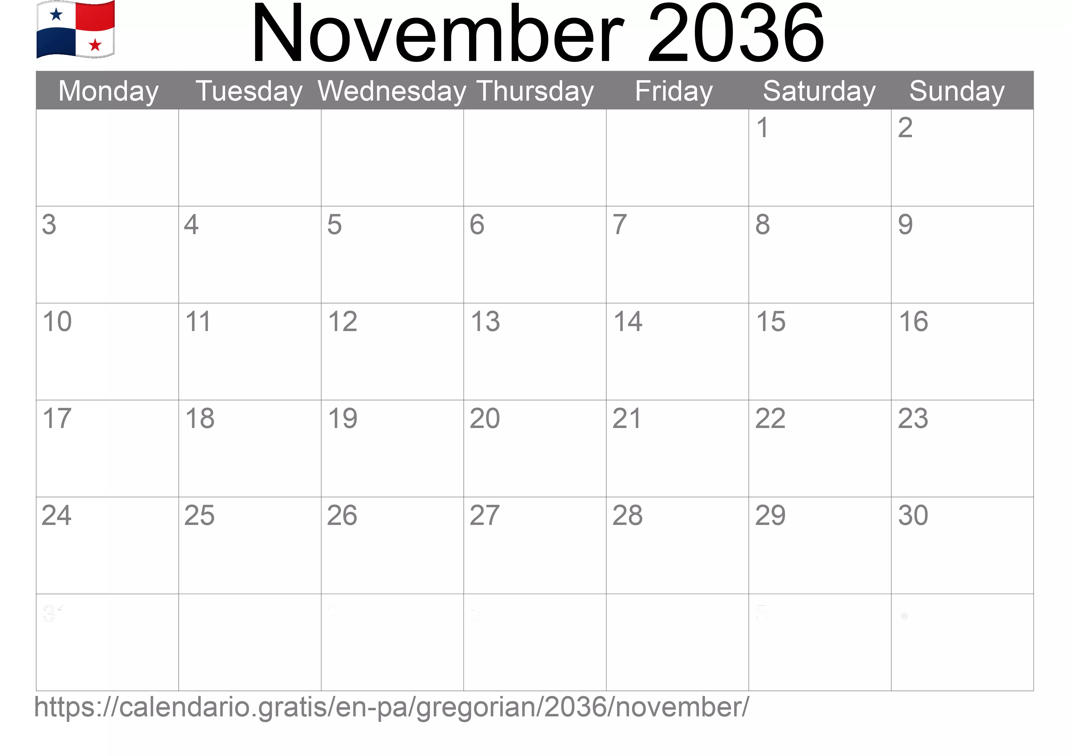 Calendar November 2036 to print (Panama)