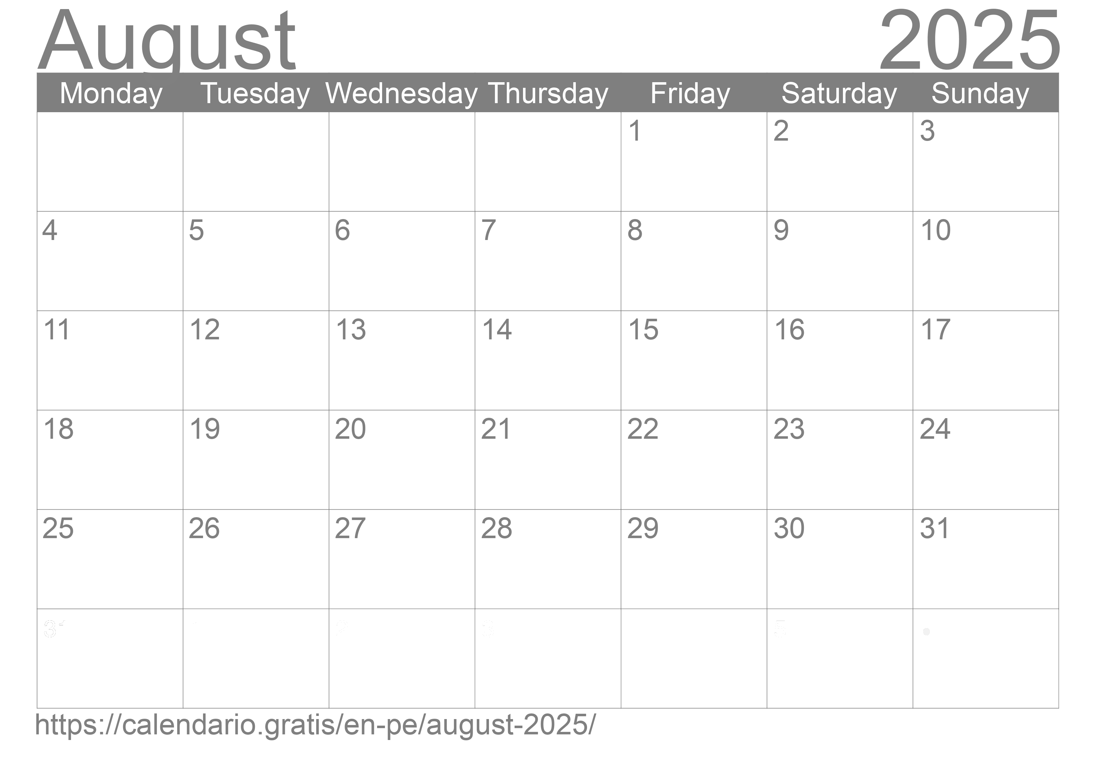 Calendar August 2025 from Peru in English ☑️ Calendario.Gratis