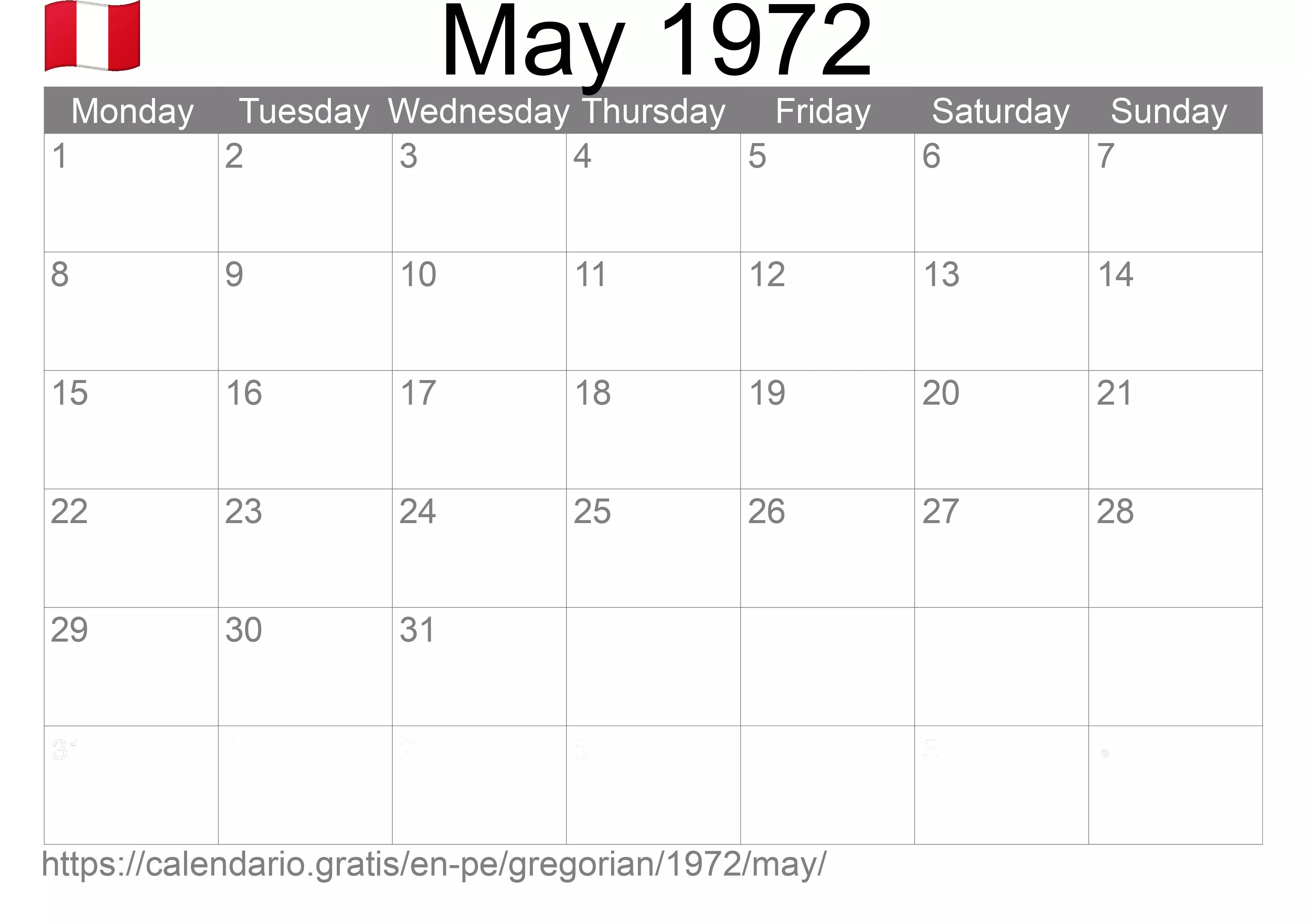 Calendar May 1972 to print (Peru) Calendar May 1972 to print (Peru)
