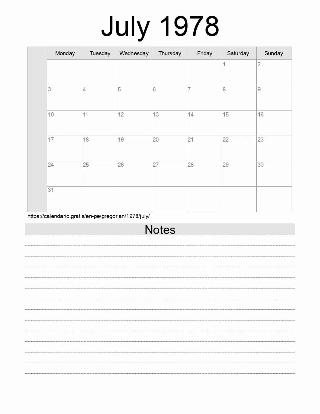 Calendar for printing with notes for 1978 July . (Peru)