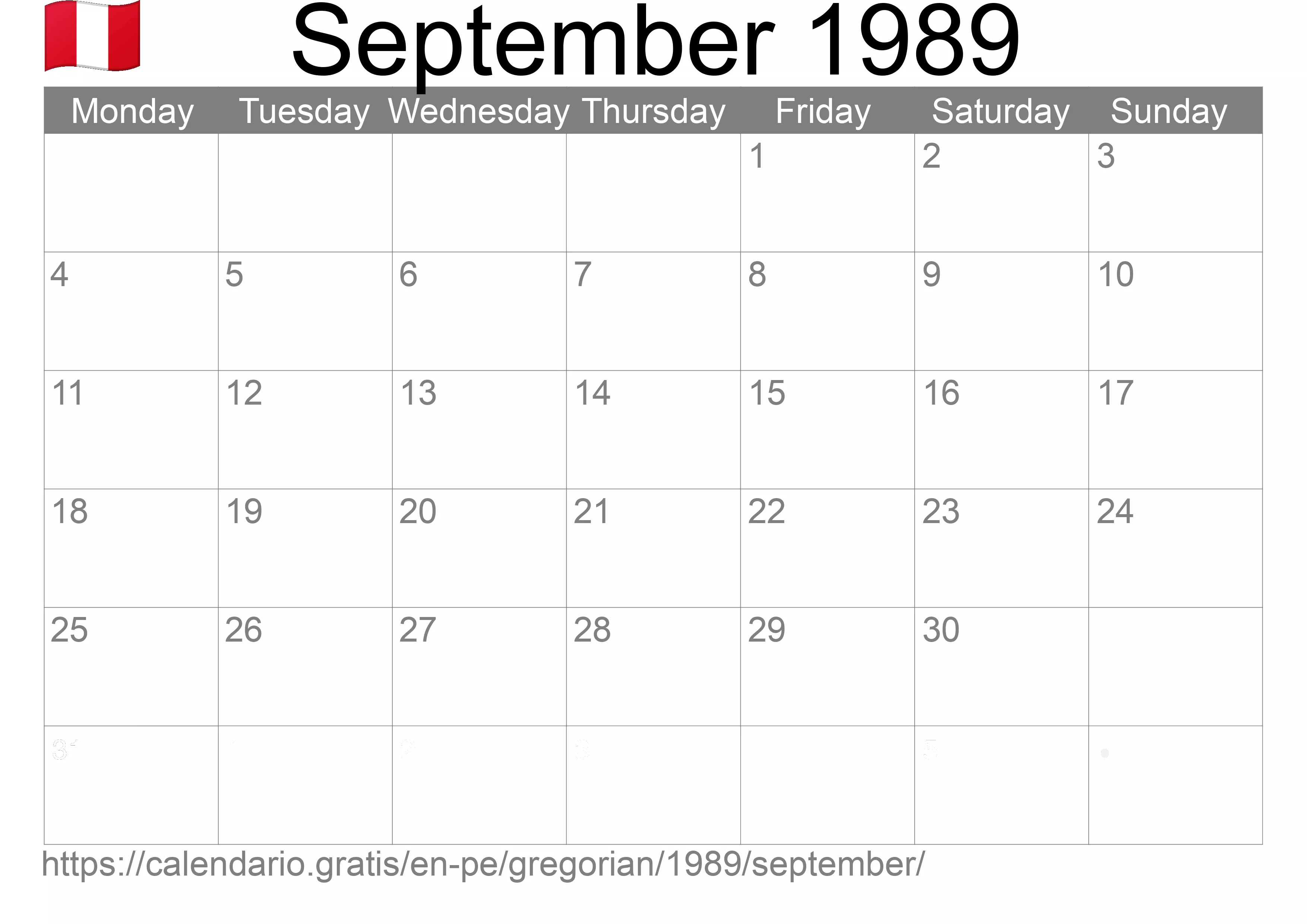 Calendar September 1989 to print (Peru)