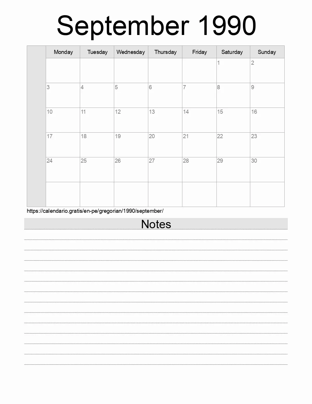 Calendar for printing with notes for 1990 September . (Peru) Calendar for printing with notes for 1990 September . (Peru)