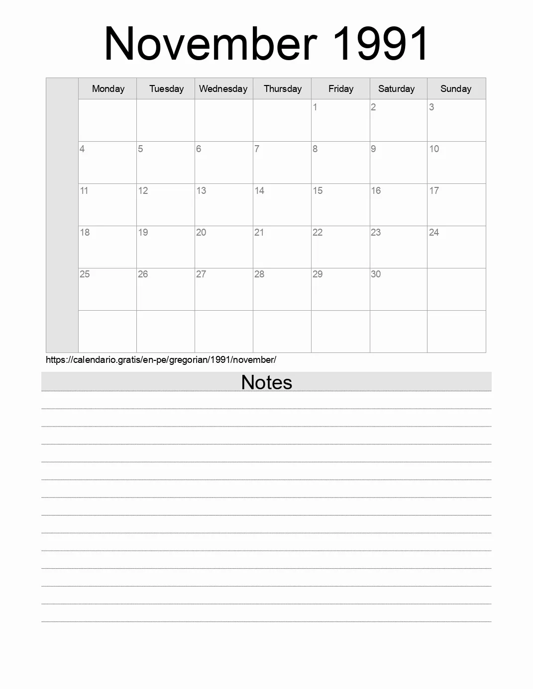 Calendar for printing with notes for 1991 November . (Peru)