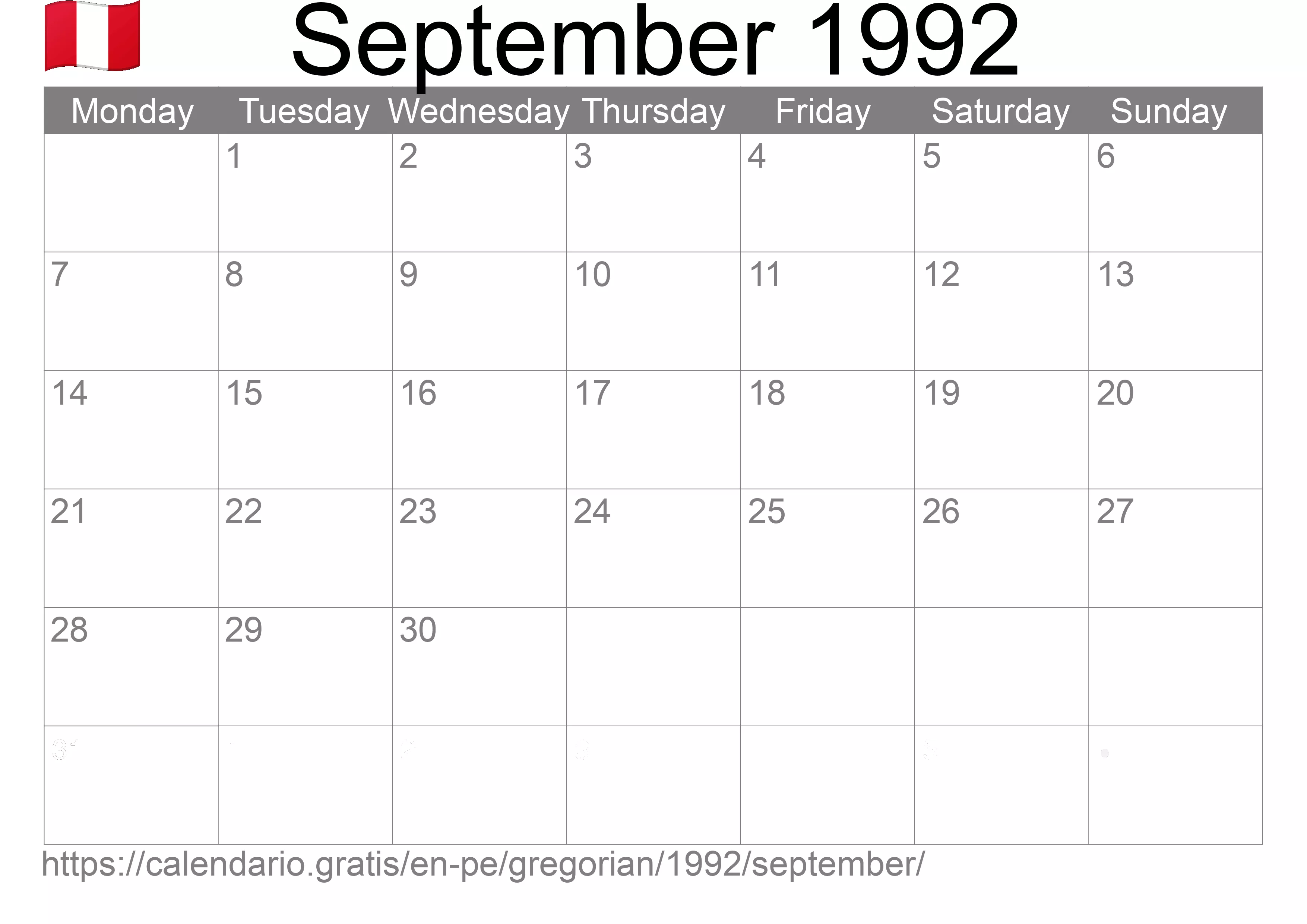Calendar September 1992 to print (Peru) Calendar September 1992 to print (Peru)