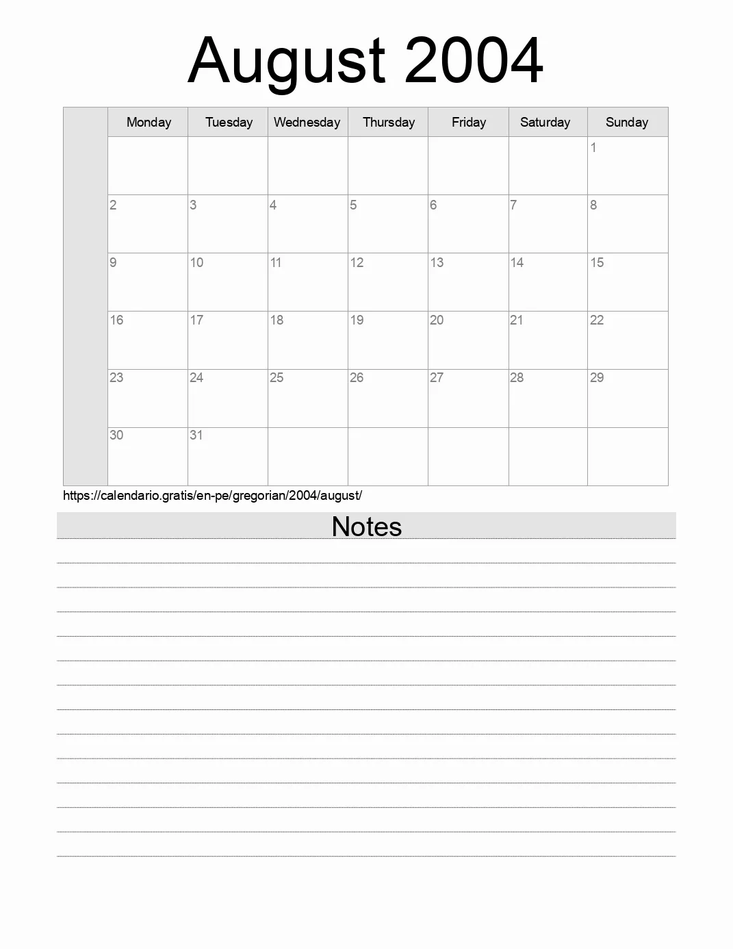 Calendar for printing with notes for 2004 August . (Peru) Calendar for printing with notes for 2004 August . (Peru)