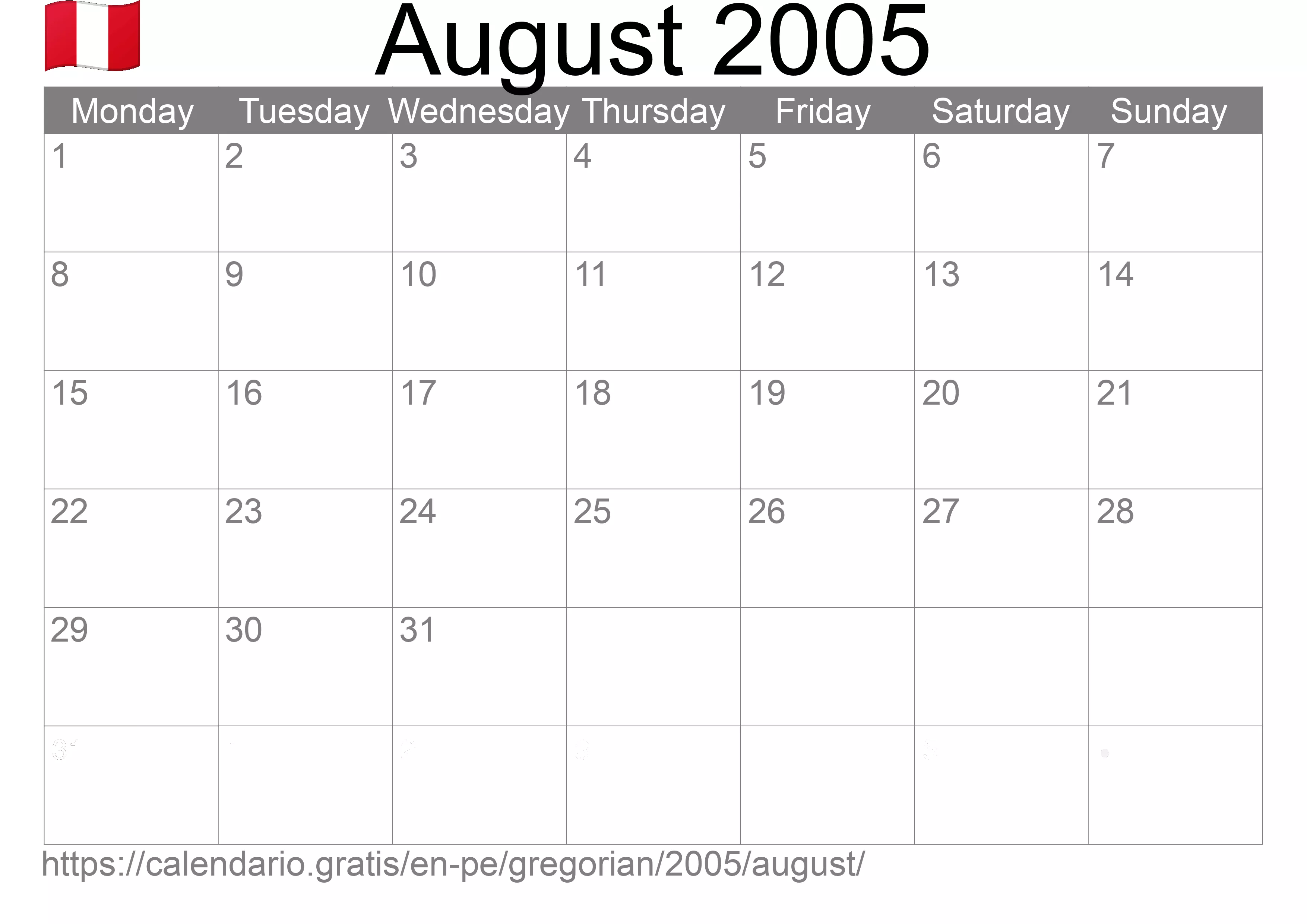 Calendar August 2005 to print (Peru) Calendar August 2005 to print (Peru)