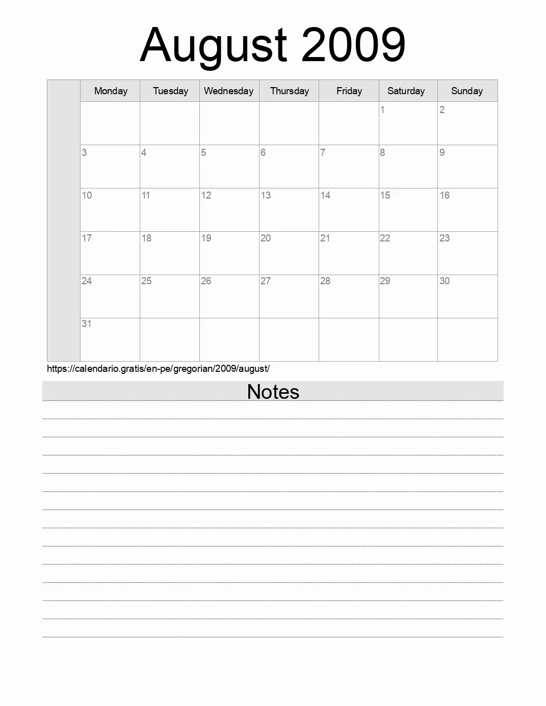 Calendar for printing with notes for 2009 August . (Peru) Calendar for printing with notes for 2009 August . (Peru)