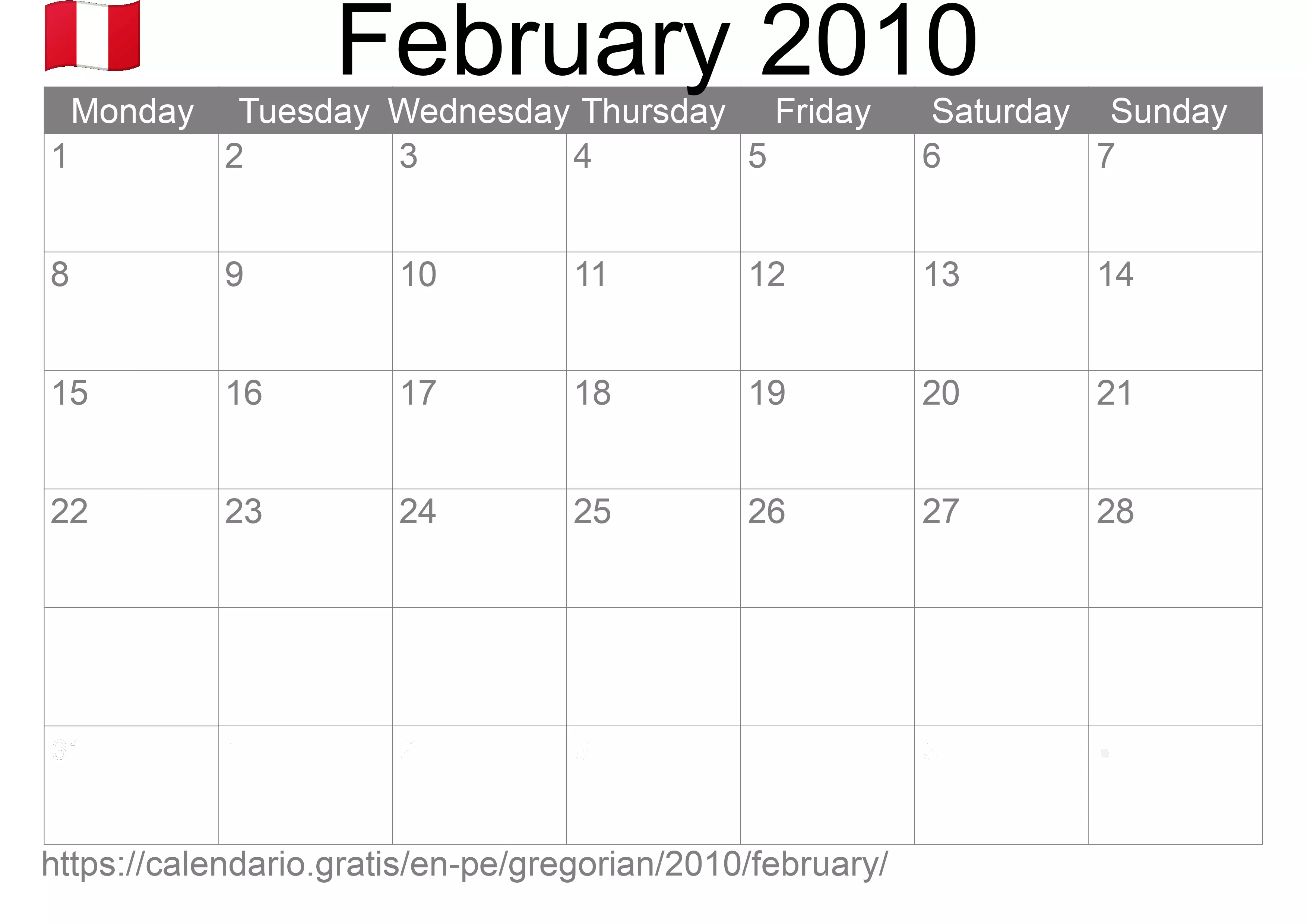 Calendar February 2010 to print (Peru) Calendar February 2010 to print (Peru)