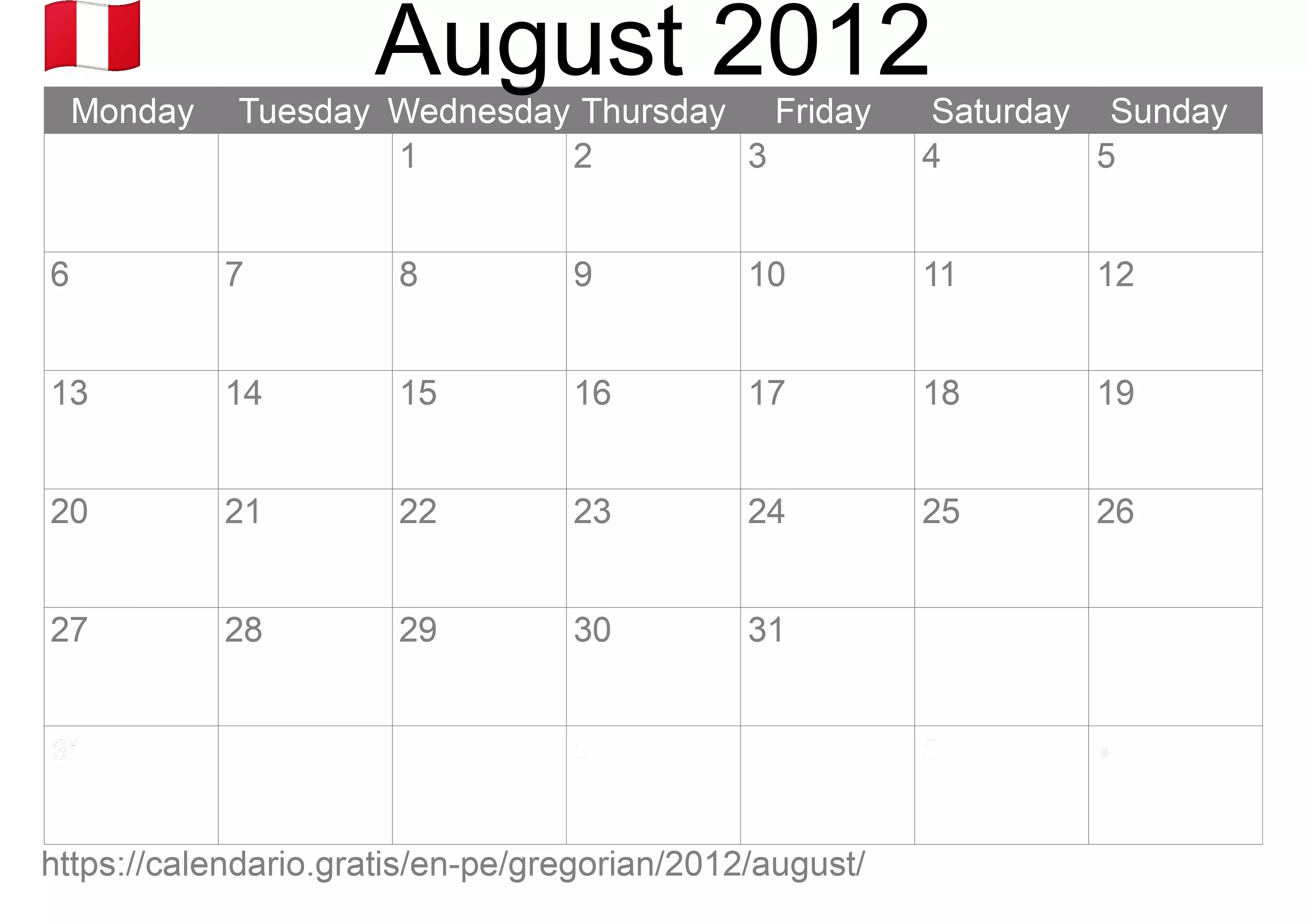Calendar August 2012 to print (Peru) Calendar August 2012 to print (Peru)