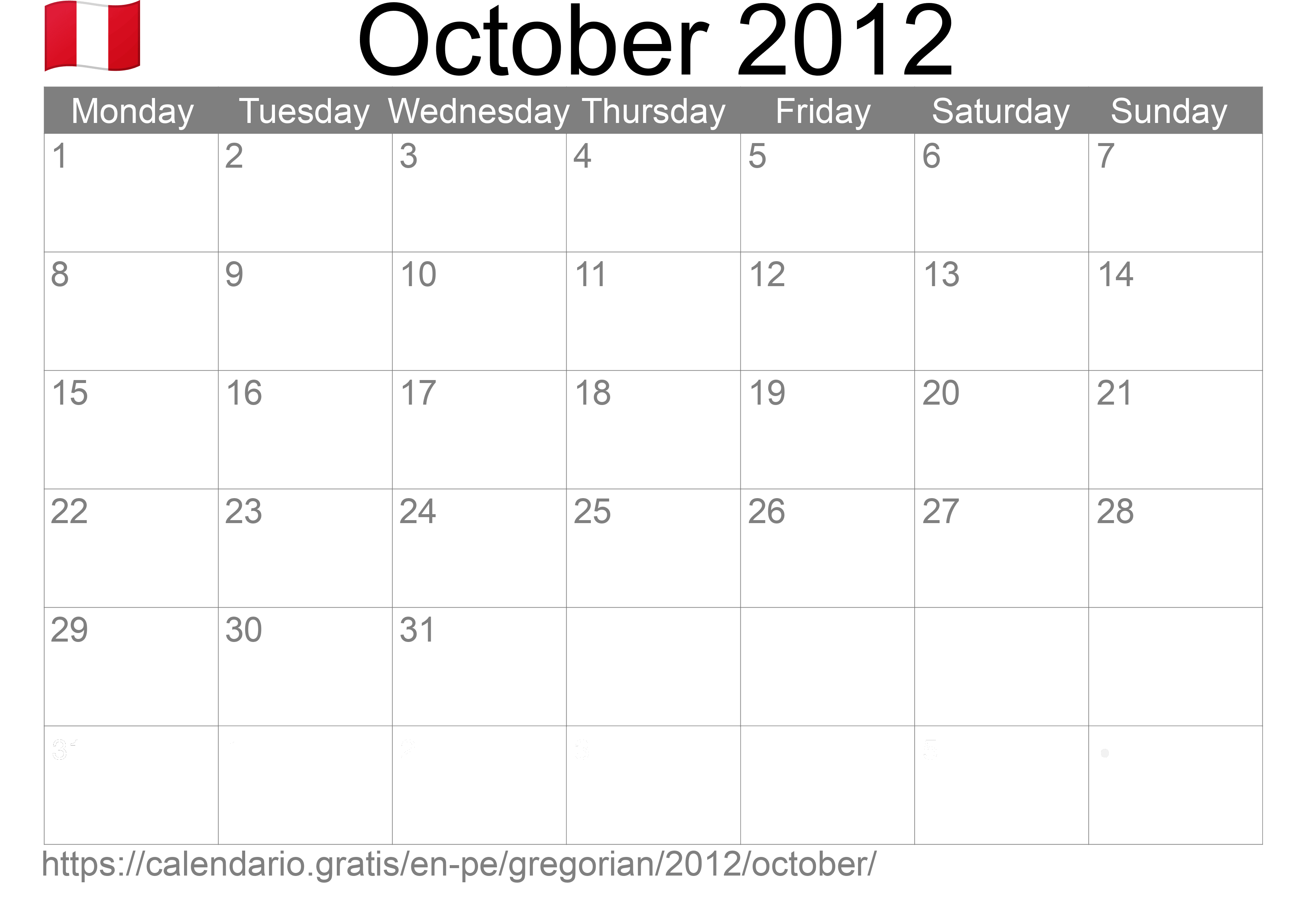 Calendar October 2012 to print