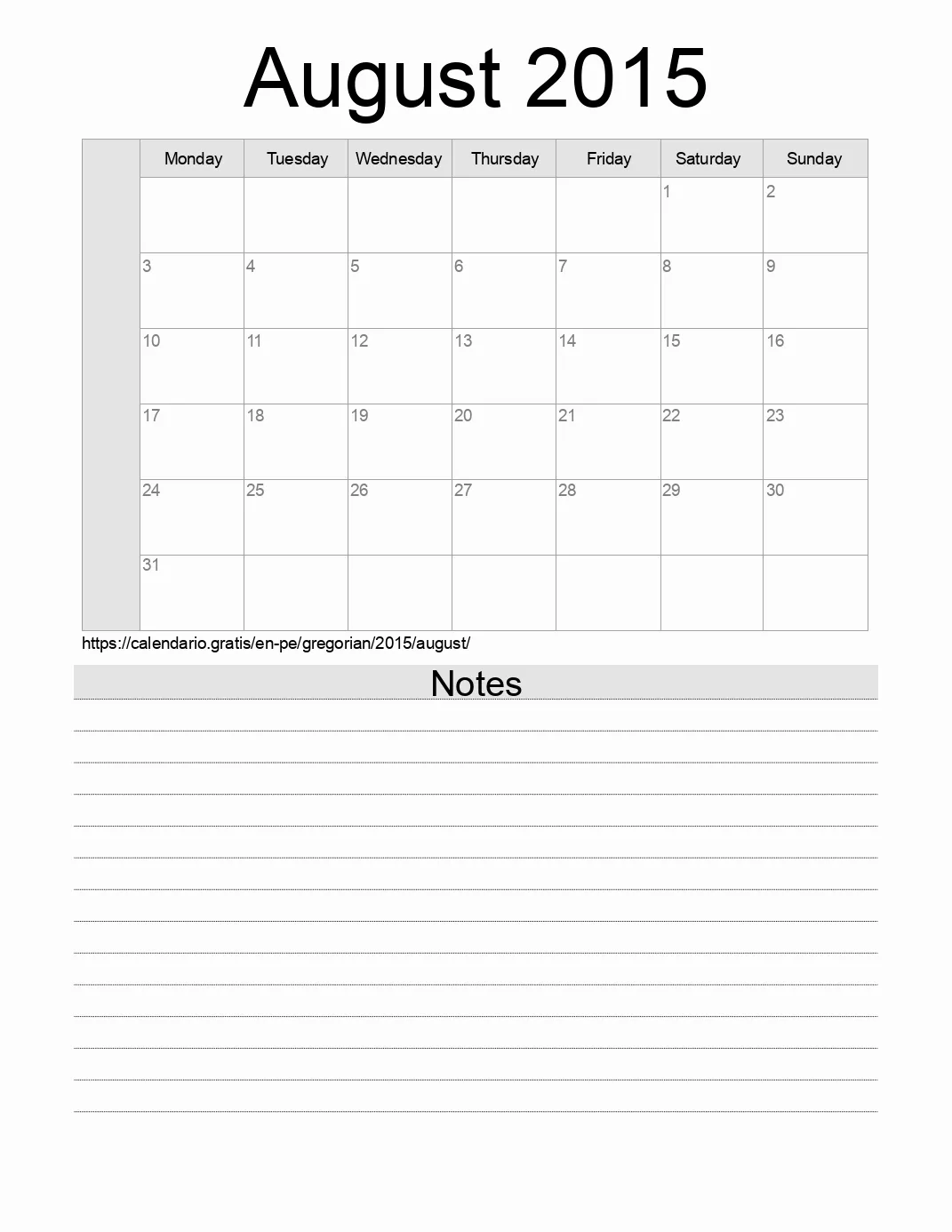 Calendar for printing with notes for 2015 August . (Peru) Calendar for printing with notes for 2015 August . (Peru)