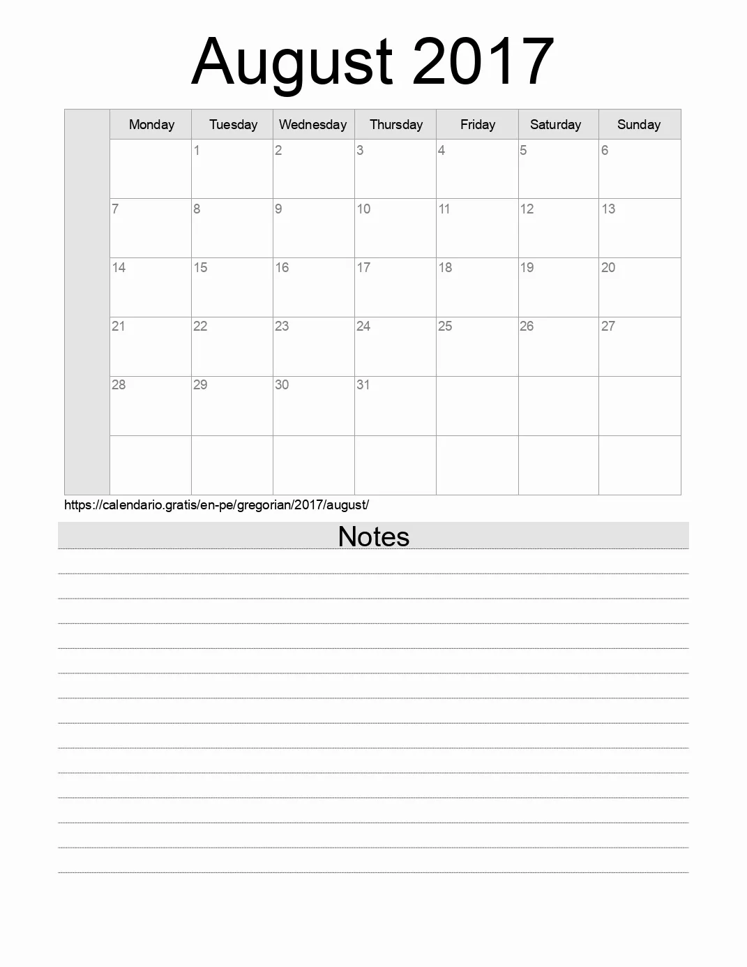 Calendar for printing with notes for 2017 August . (Peru) Calendar for printing with notes for 2017 August . (Peru)