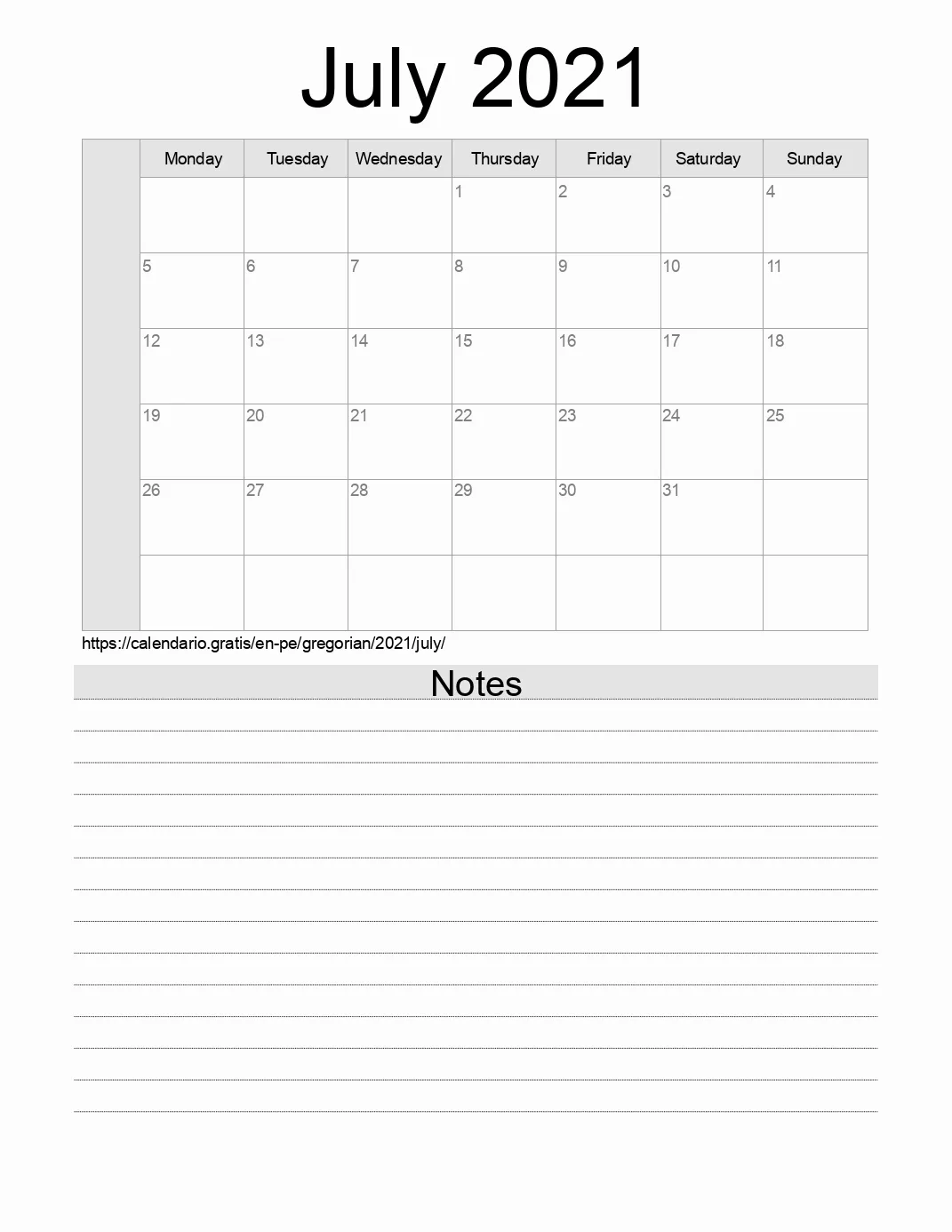 Calendar for printing with notes for 2021 July . (Peru)