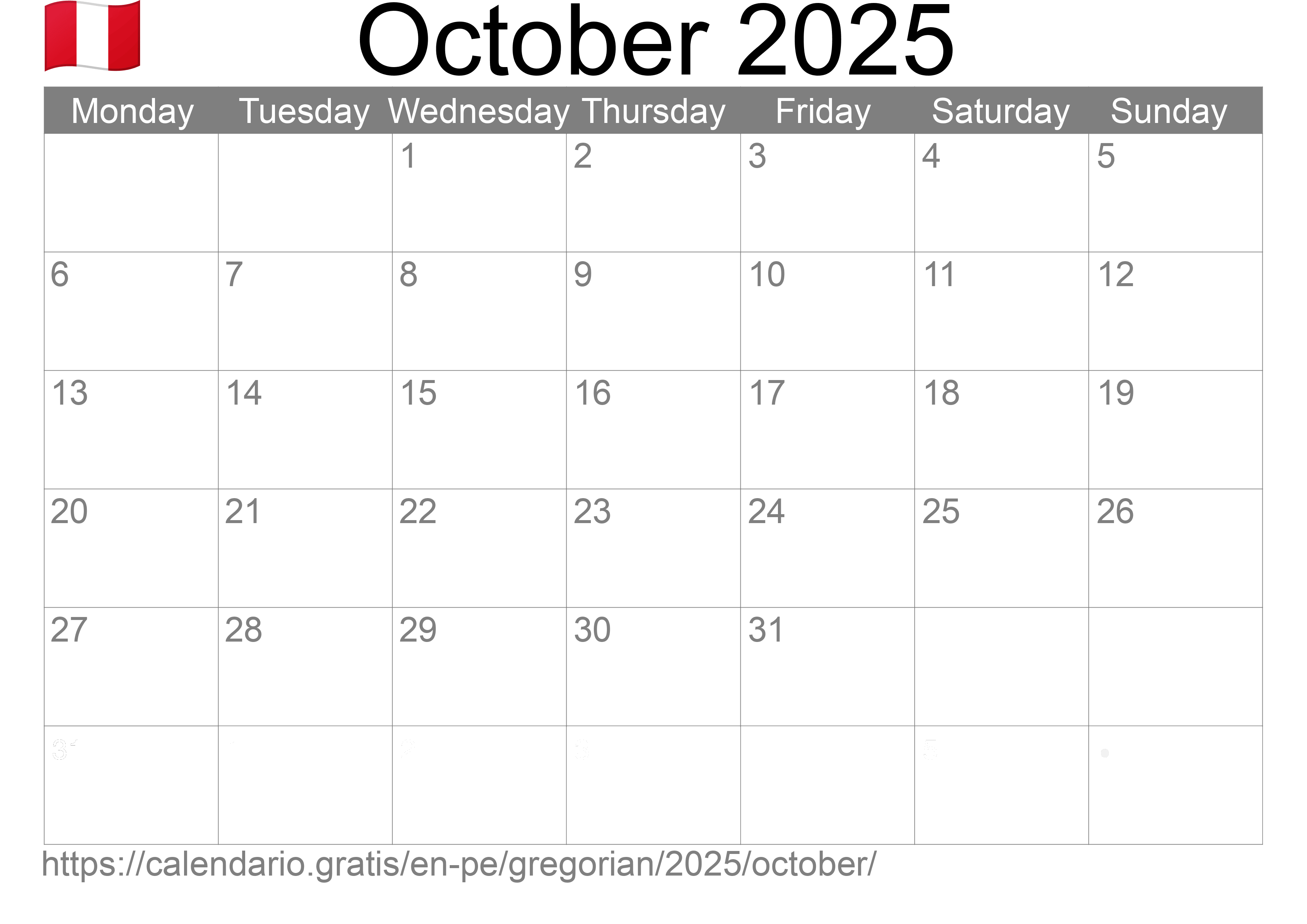 Calendar October 2025 to print