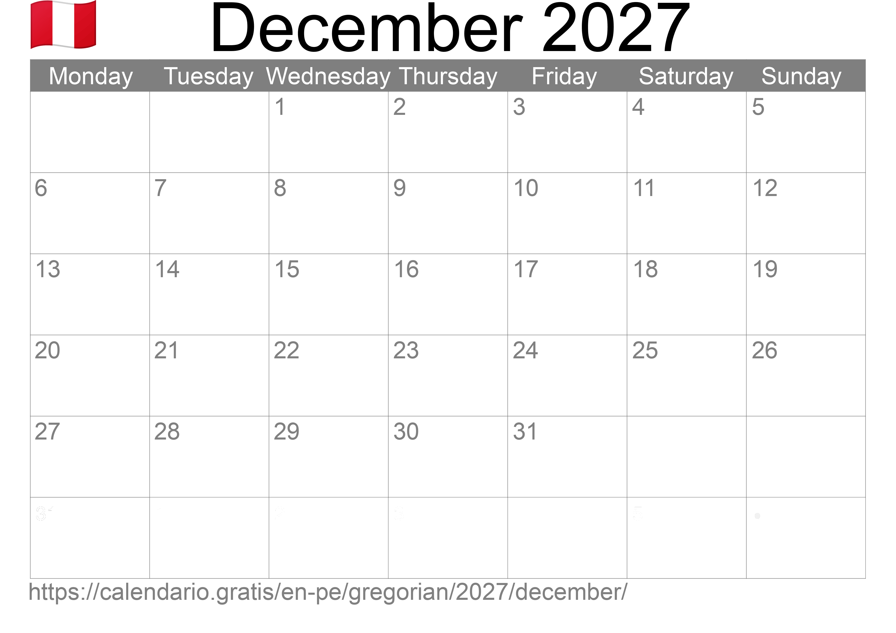 Calendar December 2027 to print