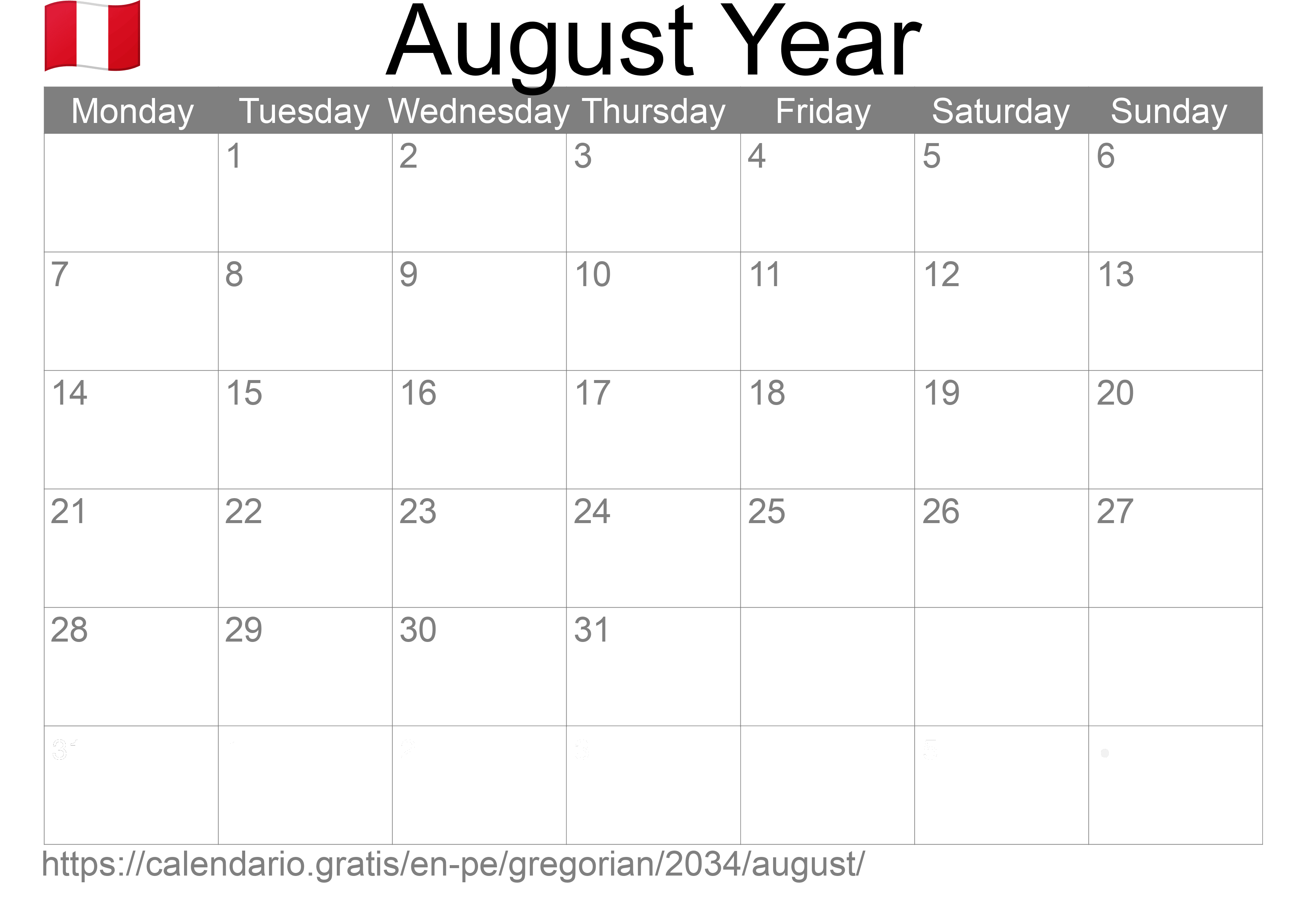 Calendar August 2034 to print