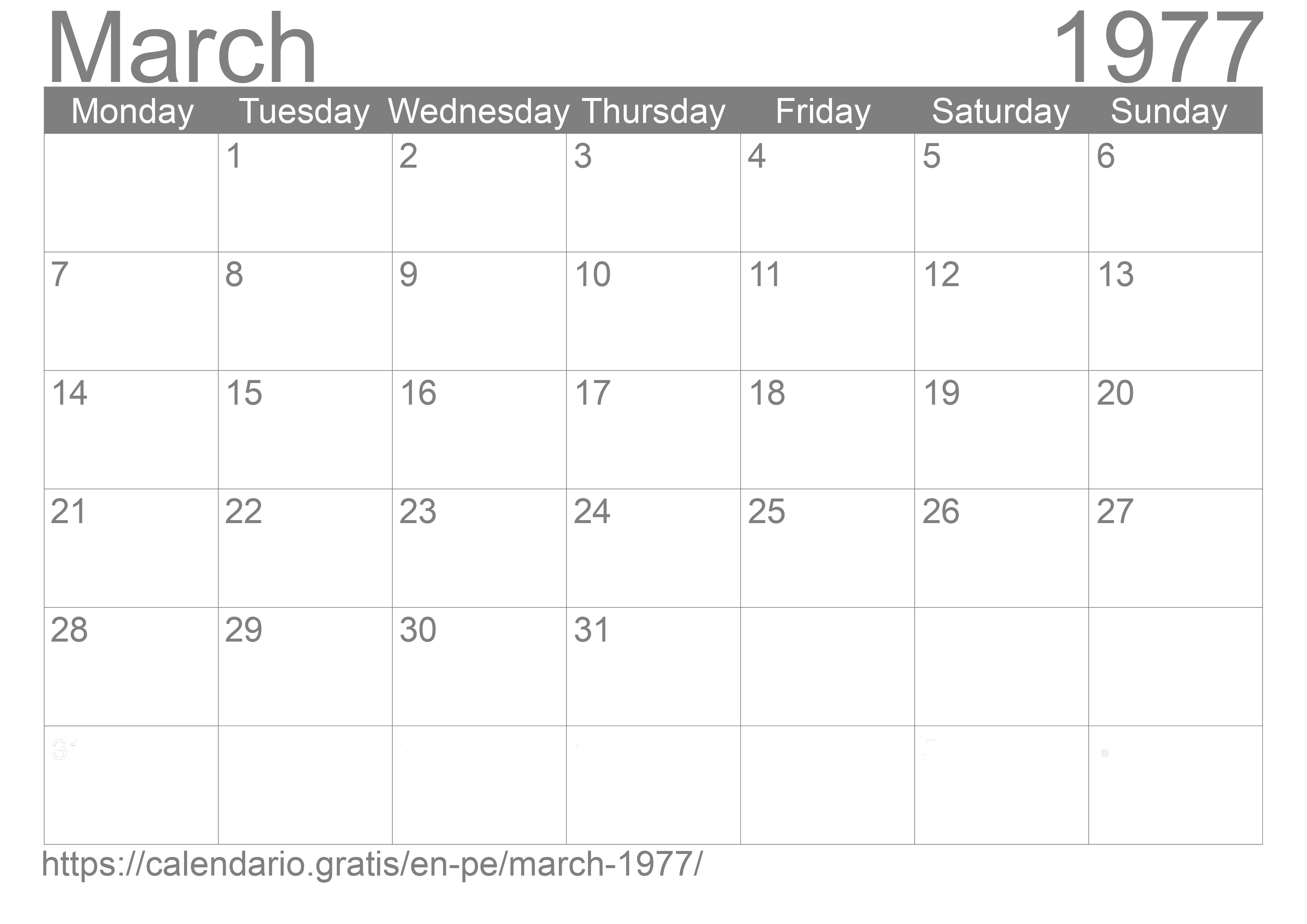 Calendar March 1977 from Peru in English ☑️ Calendario Gratis