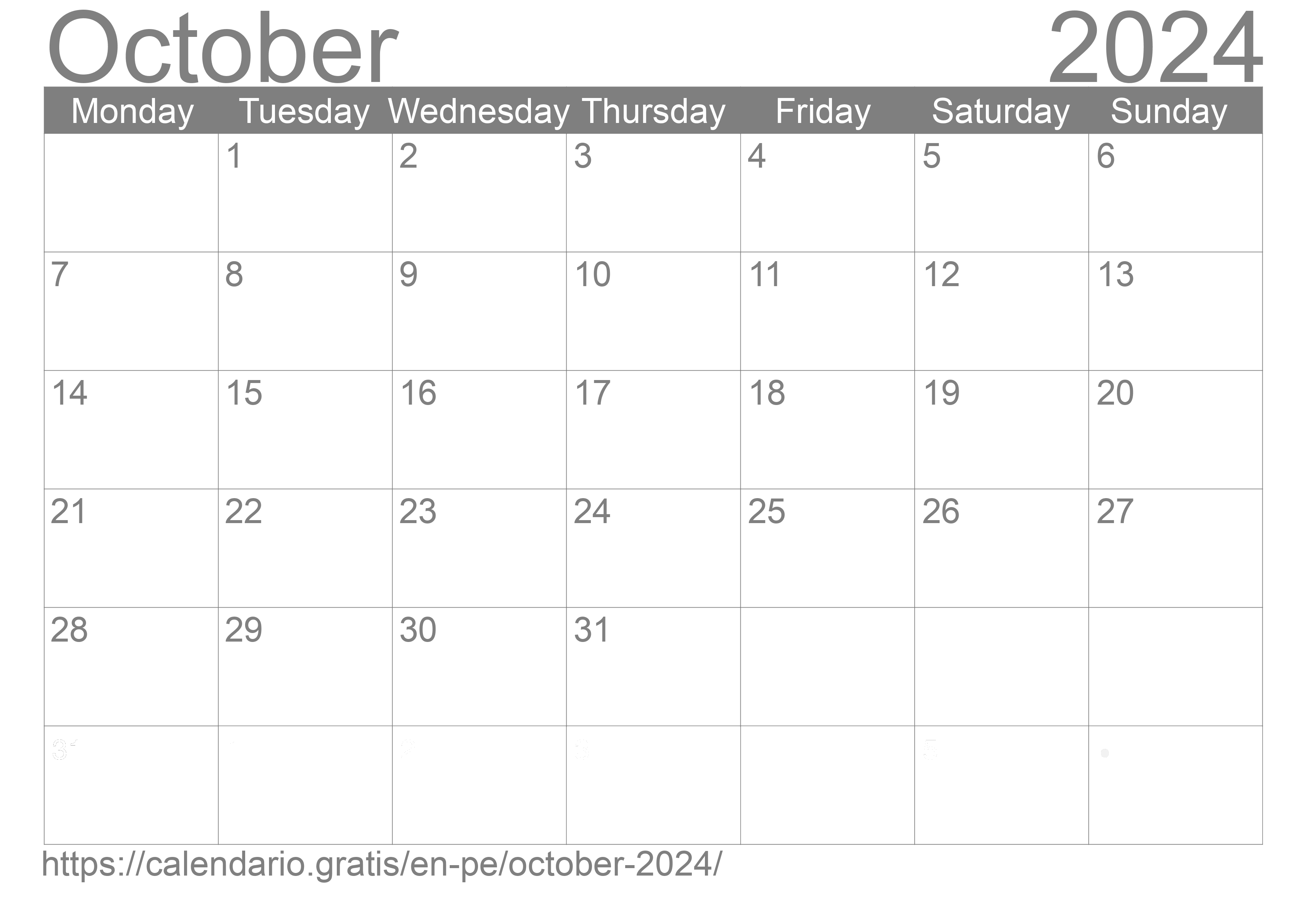 Calendar October 2024 from Peru in English ☑️ Calendario.Gratis