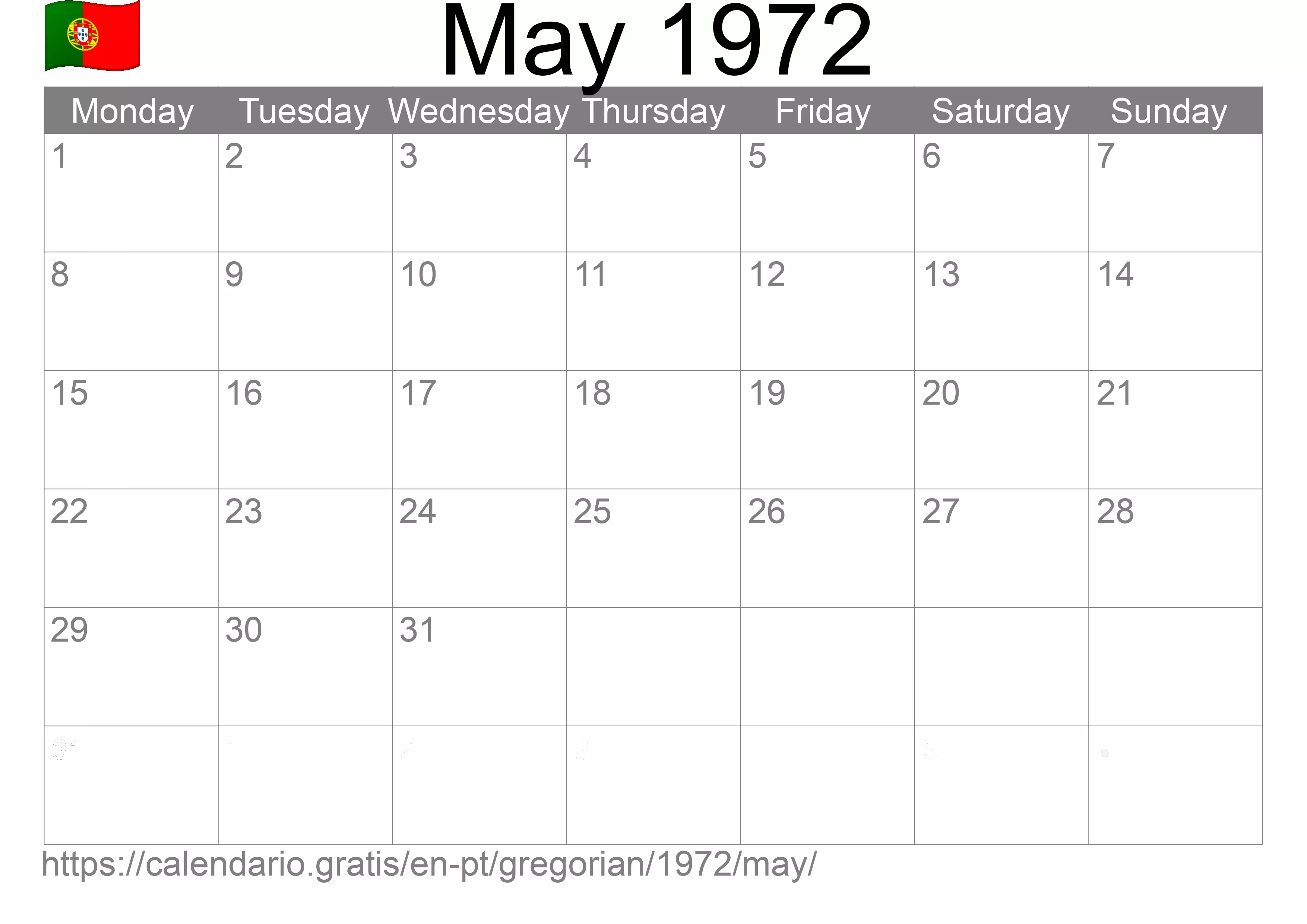 Calendar May 1972 to print (Portugal) Calendar May 1972 to print (Portugal)