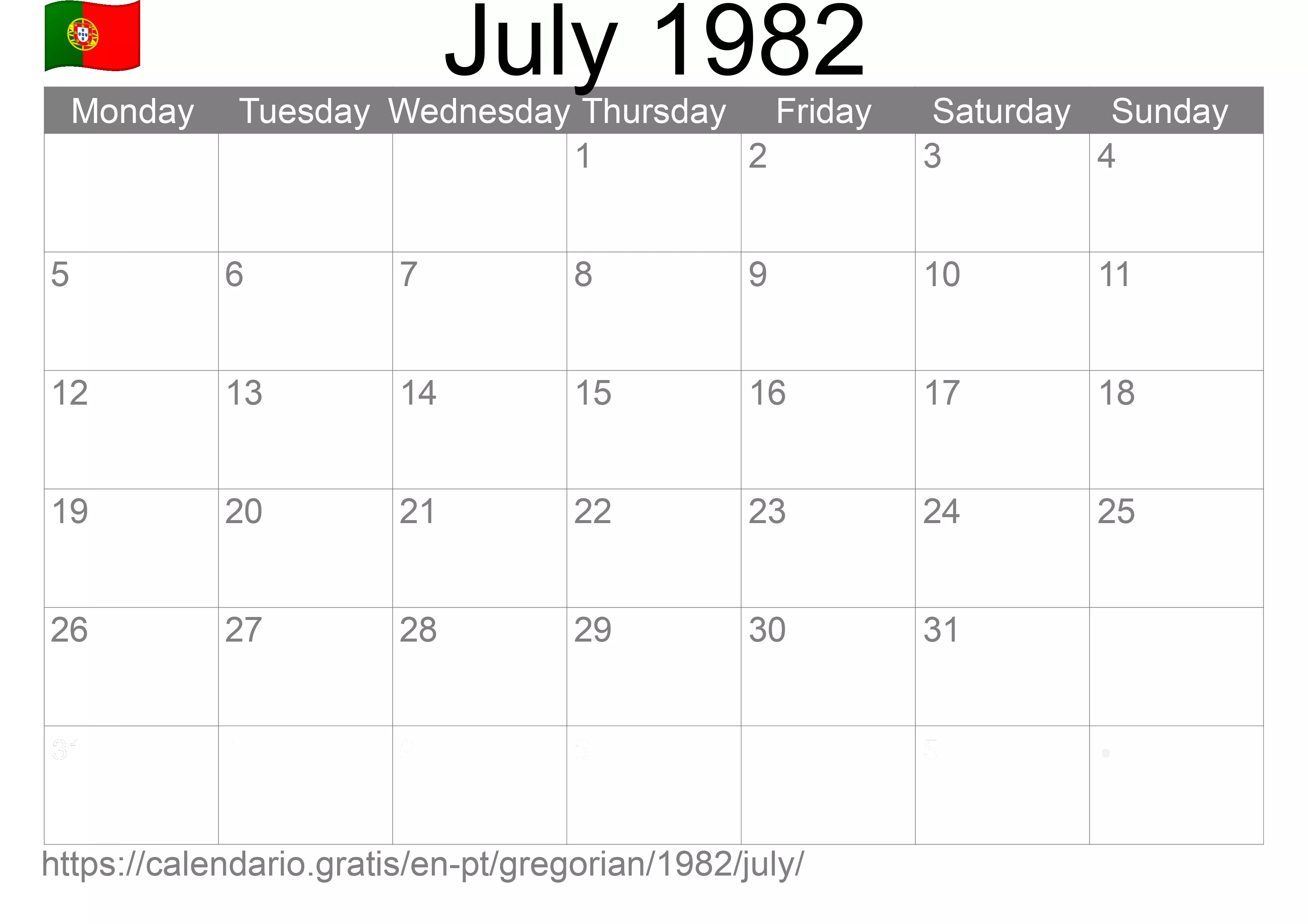 Calendar July 1982 to print (Portugal)
