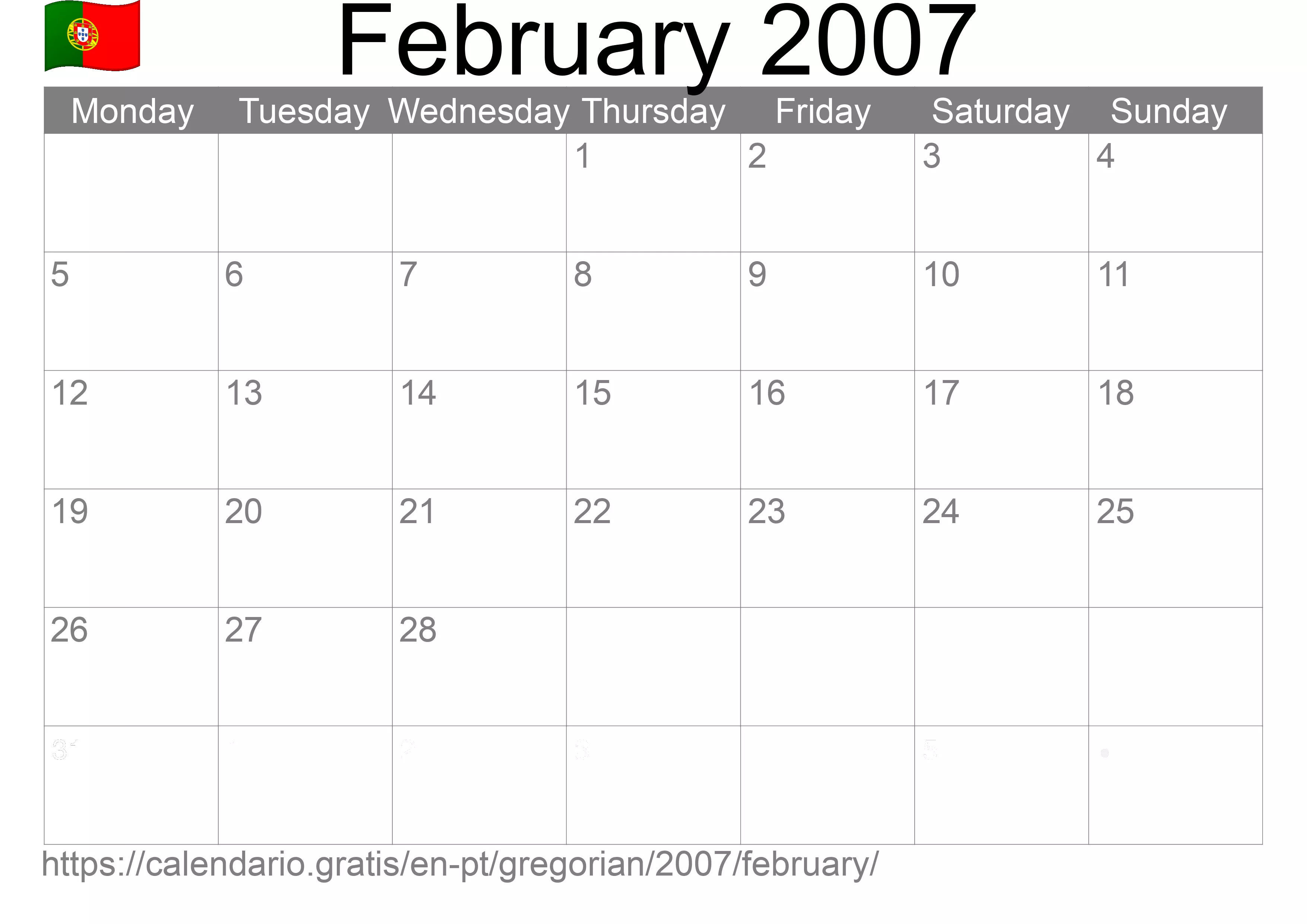 Calendar February 2007 to print (Portugal) Calendar February 2007 to print (Portugal)