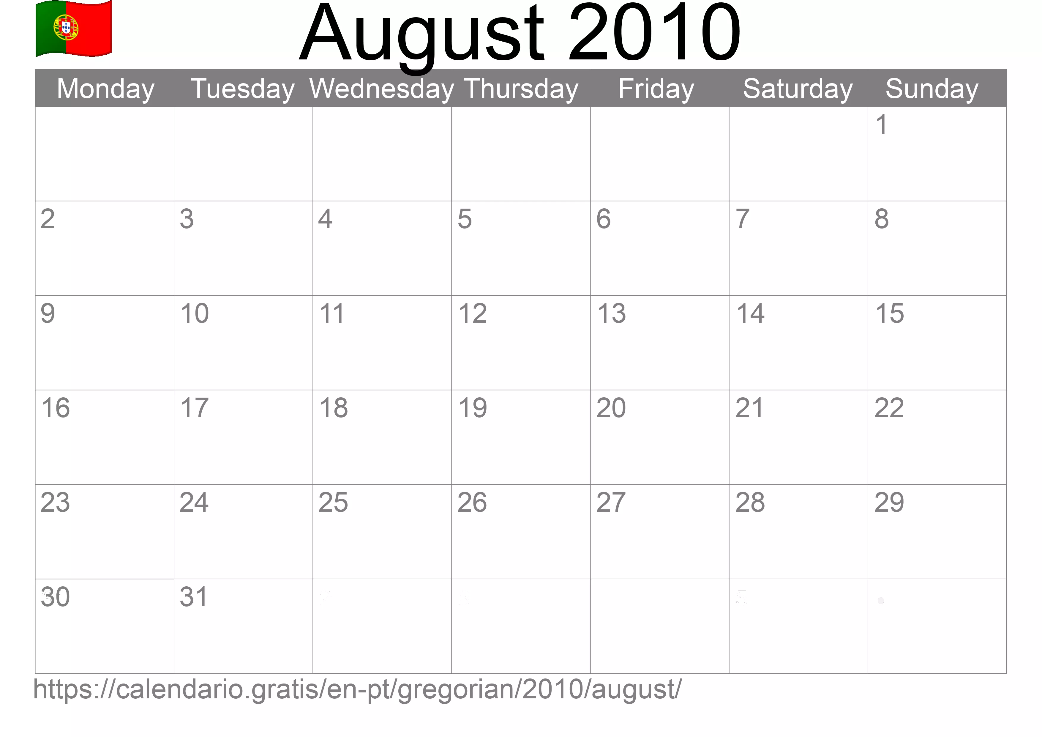 Calendar August 2010 to print (Portugal) Calendar August 2010 to print (Portugal)